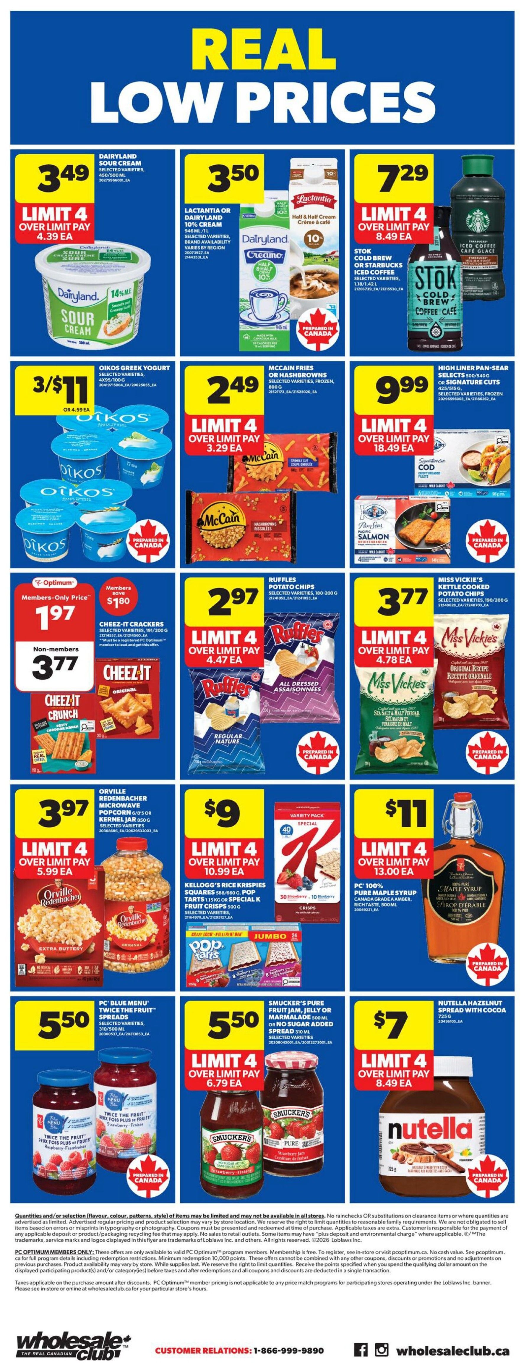 Wholesale Club weekly flyer specials page 5, featuring Dairyland Sour Cream for $3.49, Lactantia or Dairyland 10% Cream for $3.50, and Stok Cold Brew or Starbucks Iced Coffee for $7.29. Also on sale are Oikos Greek Yogurt 4x95/100g for 3/$11, McCain Fries or Hashbrowns for $2.49, and High Liner Pan-Sear Selects or Signature Cuts for $9.99. Cheez-It Crackers 191/200g are $1.97 for members and $3.77 for non-members. Ruffles Potato Chips 180-200g are $2.97. Orville Redenbacher Microwave Popcorn 6/8's or Kernel per 850g is $3.97. Kellogg's Rice Krispies Squares 588/660g or Pop Tarts 10's/14's Special K Fruit Crisps 500g are $9. Smucker's Pure Fruit Jam, Jelly or Marmalade 500ml is $5.50. Finally, Nutella Hazelnut Spread with Cocoa 500g is $7.