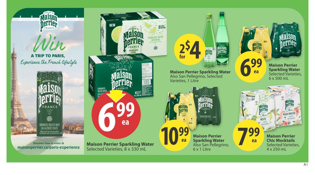Save-On-Foods weekly flyer specials page 20 features Maison Perrier sparkling water and chic mocktails. A promotion offers Maison Perrier Sparkling Water, selected varieties, 1 Litre, for 2 for $4, and also includes San Pellegrino. Maison Perrier Sparkling Water, selected varieties, 8 x 330 mL, is priced at $6.99 each. Maison Perrier Sparkling Water, selected varieties, 6 x 500 mL, is $6.99 each. Maison Perrier Sparkling Water, selected varieties, 6 x 1 Litre, is $10.99 each. Maison Perrier Chic Mocktails, selected varieties, 4 x 250 mL, are $7.99 each. The page also advertises a contest to win a trip to Paris with Maison Perrier, with details at maisonperrier.ca/paris-experience.