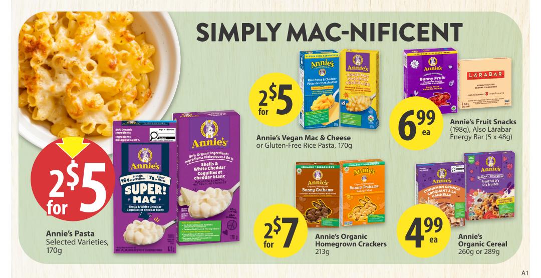 Save-On-Foods weekly flyer specials page 26, featuring 'Simply Mac-nificent' deals. Offers include Annie's Pasta, selected varieties, 170g for 2 for $5. Annie's Vegan Mac & Cheese or Gluten-Free Rice Pasta, 170g, is also 2 for $5. Annie's Fruit Snacks, 198g, are $6.99 each, with Lärabar Energy Bars (5 x 48g) also available at this price. Annie's Organic Homegrown Crackers, 213g, are on sale for 2 for $7. Annie's Organic Cereal, 260g or 289g, is priced at $4.99 each.
