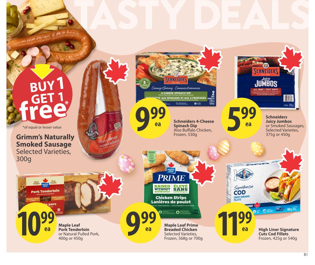 Save-On-Foods weekly flyer specials page 8. Features a Buy 1 Get 1 Free offer on Grimm's Naturally Smoked Sausage, 300g. Also on sale are Schneiders 4-Cheese Spinach Dip, frozen 530g for $9.99 each, and Schneiders Juicy Jambos, all beef or smoked sausages, selected varieties, 375g or 450g for $5.99 each. Maple Leaf Pork Tenderloin or Natural Pulled Pork, 400g or 450g is $10.99 each. Maple Leaf Prime Breaded Chicken, selected varieties, frozen, 568g or 700g is $9.99 each. High Liner Signature Cuts Cod Fillets, frozen, 425g or 540g are $11.99 each.