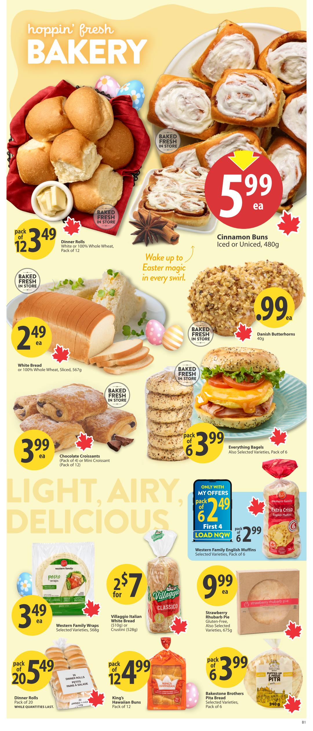 Save-On-Foods weekly flyer specials page 10 features a 'Hoppin' Fresh Bakery' section. Highlighted items include Dinner Rolls (White or 100% Whole Wheat, Pack of 12) for $3.49, White Bread or 100% Whole Wheat Sliced Bread (567g) for $2.49 each, and Chocolate Croissants (Pack of 4) or Mini Croissant (Pack of 12) for $3.99 each. Also available are Cinnamon Buns (Iced or Uniced, 480g) for $5.99 each and Danish Butterhorns (40g) for $0.99 each. The flyer also promotes Everything Bagels (Selected Varieties, Pack of 6) for $3.99. For Easter, find Western Family Wraps (Selected Varieties, 568g) for $3.49 each, Villaggio Italian White Bread (510g) or Crustini (528g) for 2 for $7, and Western Family Extra Crisp English Muffins (Selected Varieties, Pack of 6) for $2.99. Other featured items include Strawberry Rhubarb Pie (Gluten-Free, Selected Varieties, 675g) for $9.99 each, King's Hawaiian Buns (Pack of 12) for $4.99, and Bakestone Brothers Pita Bread (Selected Varieties, Pack of 6) for $3.99.