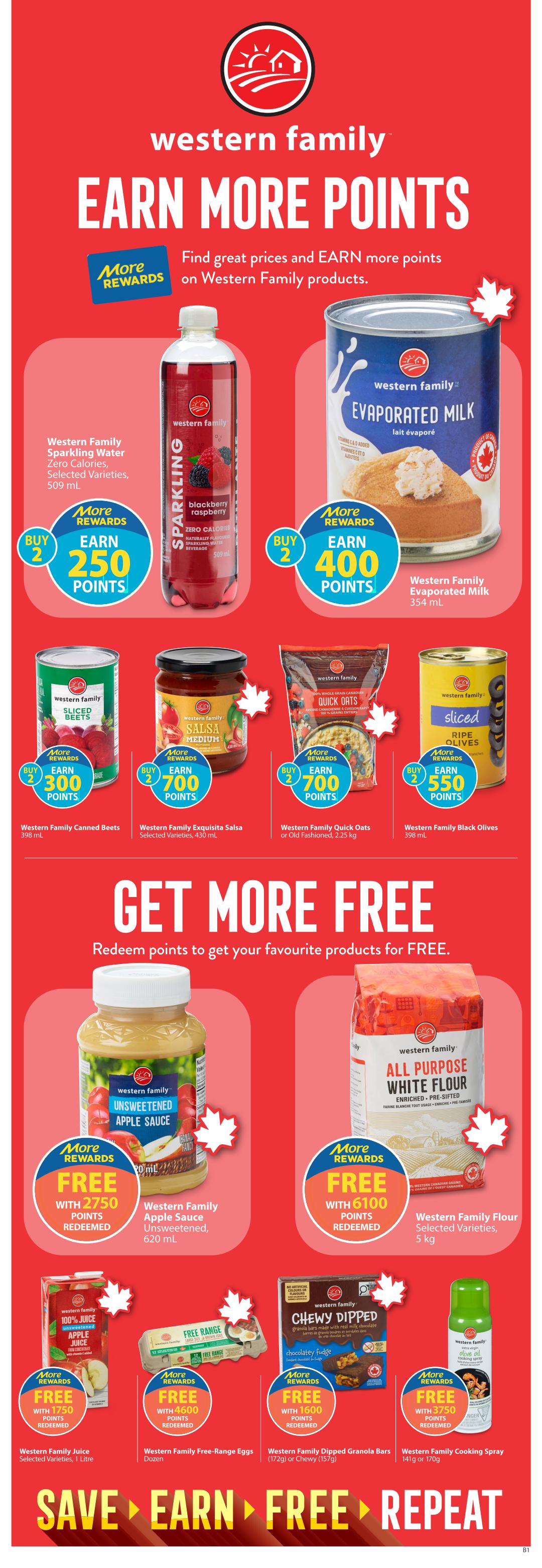 Save-On-Foods Alberta flyer page 32 features Western Family products with 'Earn More Points' and 'Get More Free' promotions. Earn 250 points when you buy 2 Western Family Sparkling Water (509 mL), 400 points for 2 Western Family Evaporated Milk (354 mL), 300 points for 2 Western Family Canned Beets (398 mL), 700 points for 2 Western Family Exquisita Salsa (Selected Varieties, 430 mL), 700 points for 2 Western Family Quick Oats or Old Fashioned (2.25 kg), and 550 points for 2 Western Family Black Olives (398 mL). Redeem points for free items: Western Family Apple Sauce Unsweetened (620 mL) free with 2750 points redeemed, Western Family All Purpose White Flour (Selected Varieties, 5 kg) free with 6100 points redeemed, Western Family Juice (Selected Varieties, 1 Litre) free with 1750 points redeemed, Western Family Free-Range Eggs (Dozen) free with 4600 points redeemed, Western Family Dipped Granola Bars (172g or Chewy 157g) free with 1600 points redeemed, and Western Family Cooking Spray (141g or 170g) free with 3750 points redeemed. The page also highlights 'Save, Earn, Free, Repeat'.