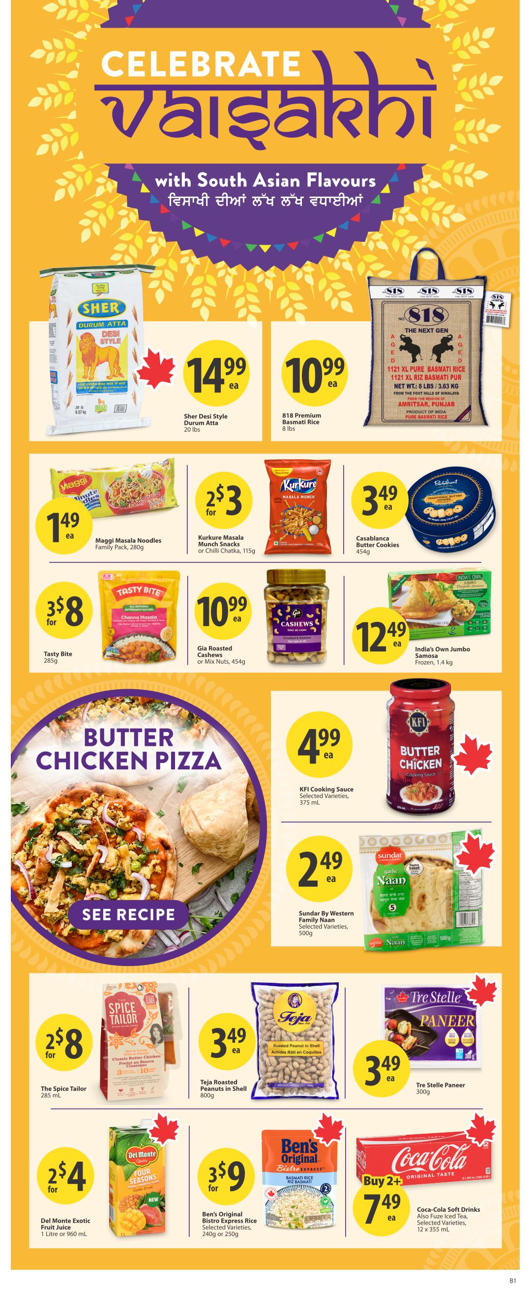 Save-On-Foods weekly flyer specials page 35, celebrating Vaisakhi with South Asian Flavours. Featured items include Sher Desi Style Durum Atta for $14.99, 818 Premium Basmati Rice for $10.99, and SIS 1121 XL Pure Basmati Rice for $10.99. Also on sale are Maggi Masala Noodles Family Pack for $1.49, Kurkure Masala Munch Snacks or Chilli Chatka for 2 for $3, Casablanca Butter Cookies for $3.49, and Gia Roasted Cashews or Mix Nuts for $10.99. Tasty Bite Channa Masala is 3 for $8. A large image showcases a Butter Chicken Pizza with a recipe available. KFI Cooking Sauce is $4.99, and Sundar By Western Family Naan is $2.49. Other products include The Spice Tailor for $2.50 for 2, Teja Roasted Peanuts in Shell for $3.49, Tre Stelle Paneer for $3.49, Del Monte Exotic Fruit Juice for 2 for $4, Ben's Original Bistro Express Rice for 3 for $9, and Coca-Cola Soft Drinks (Original Taste, Fuze Iced Tea) for Buy 2, $7.49 each.