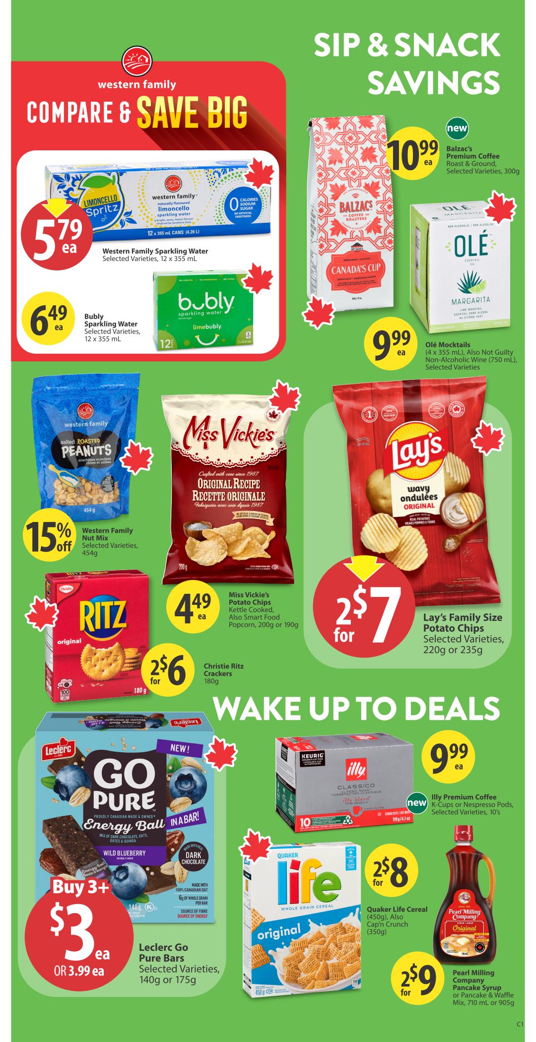 Save-On-Foods weekly flyer specials page 14 features Sip & Snack Savings and Wake Up to Deals. Compare & Save Big offers Western Family Sparkling Water in Limoncello Spritz flavour for $5.79 each (12 x 355 mL cans), and Bubly Sparkling Water for $6.49 each (12 x 355 mL). Also featured is Western Family Salted Roasted Peanuts, with 15% off Western Family Nut Mix, selected varieties, 454g. Miss Vickie's Potato Chips, Kettle Cooked, or Smart Food Popcorn (200g or 190g) are $4.49 each. Christie Ritz Crackers (180g) are 2 for $6. Lay's Family Size Potato Chips, selected varieties (220g or 235g) are 2 for $7. Sip & Snack Savings include Balzac's Premium Coffee, Roast & Ground, selected varieties (300g) for $10.99 each, and Olé Mocktails, also Not Guilty, selected varieties (4 x 355 mL or 750 mL) for $9.99 each. Wake Up to Deals includes Leclerc Go Pure Bars, selected varieties (140g or 175g) for Buy 3+ at $3 each or $3.99 each. Illy Premium Coffee K-Cups or Nespresso Pods, selected varieties (10's) are $9.99 each. Quaker Life Cereal (450g) or Cap'n Crunch (350g) are 2 for $8. Pearl Milling Company Pancake Syrup or Pancake Waffle Mix, 710 mL or 905g, are 2 for $9.