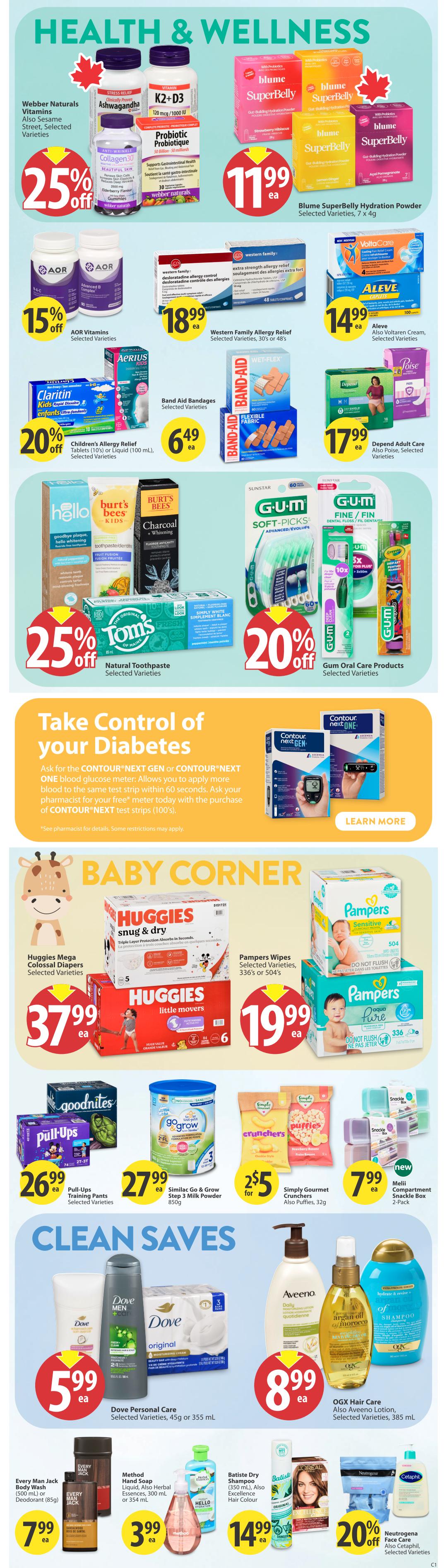 Save-On-Foods weekly flyer specials page 28 features Health & Wellness, Baby Corner, and Clean Saves sections. In Health & Wellness, get 25% off Webber Naturals Vitamins, Ashwagandha, K2+D3, and Collagen 30 Gummies. Blume Superbelly Hydration Powder is $11.99. AOR Vitamins are 15% off. Western Family Allergy Relief is $18.99. Aleve and Voltaren Cream are $14.99. Children's Allergy Relief (Claritin or Aerius) is 20% off. Band Aid Bandages are $6.49. Depend Adult Care and Poise products are $17.99. Tom's Natural Toothpaste is 25% off. Gum Oral Care Products, including Soft-Picks and Dental Floss, are 20% off. The 'Take Control of your Diabetes' section promotes Contour Next Gen or Contour Next One blood glucose meters. In the Baby Corner, Huggies Mega Colossal Diapers are $37.99 and Pampers Wipes are $19.99. Pull-Ups Training Pants are $26.99. Similac Go & Grow Step 3 Milk Powder is $27.99. Simply Gourmet Crunchers are 2 for $5. Melii Compartment Snackle Boxes are $7.99. The Clean Saves section includes Dove Personal Care products for $5.99, and OGX Hair Care and Aveeno Lotion for $8.99. Every Man Jack Body Wash or Deodorant is $7.99. Method Hand Soap is $3.99. Batiste Dry Shampoo is $14.99. Neutrogena Face Care is 20% off.