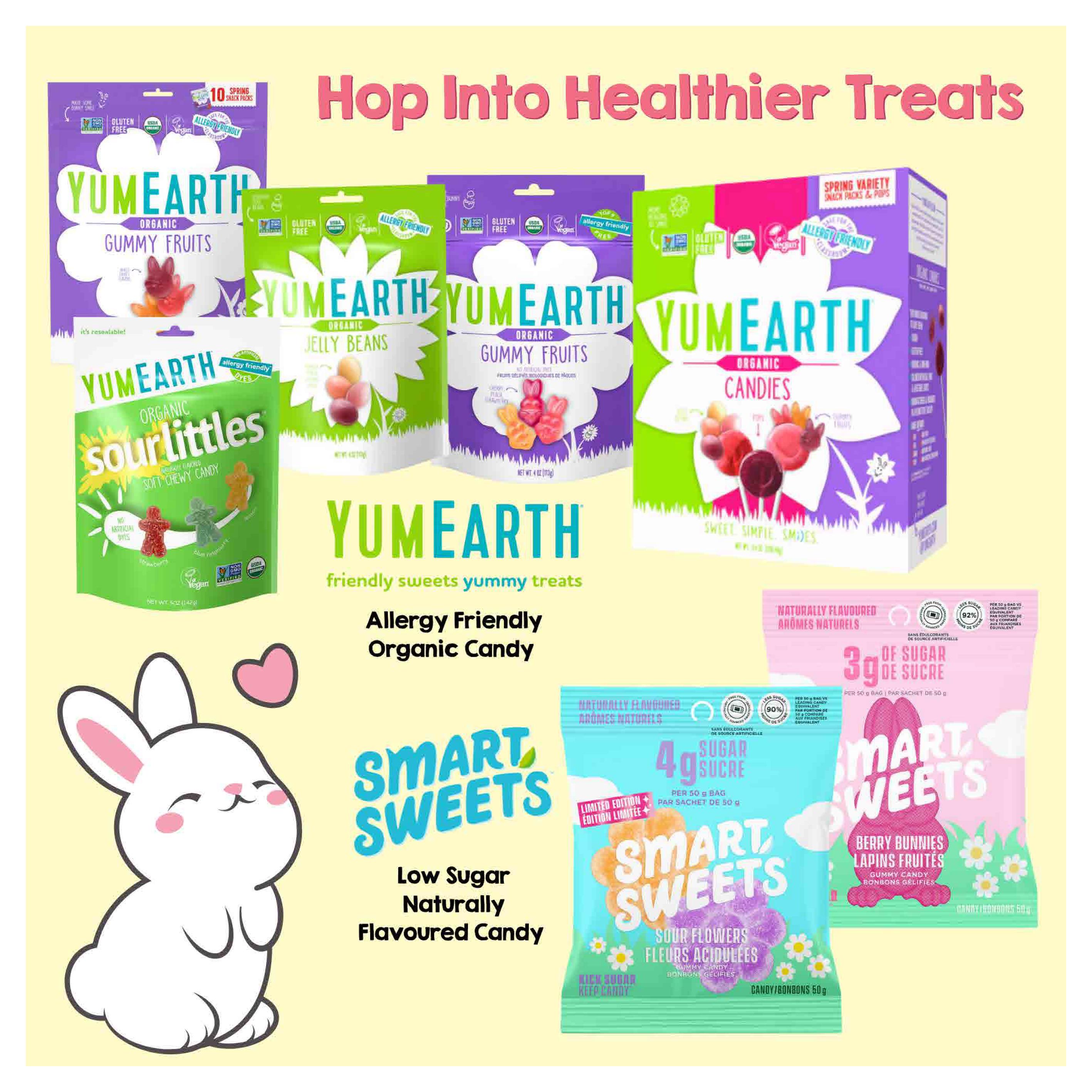 Goodness Me! flyer page 8 features a variety of healthier treat options. Prominently displayed are YumEarth Organic Gummy Fruits, YumEarth Organic Jelly Beans, YumEarth Organic Sourlittles Soft Chewy Candy, and YumEarth Organic Candies. The page also highlights Smart Sweets Low Sugar Naturally Flavoured Candy, including Smart Sweets Sour Flowers and Smart Sweets Berry Bunnies. The theme is 'Hop Into Healthier Treats' with a cute bunny illustration.