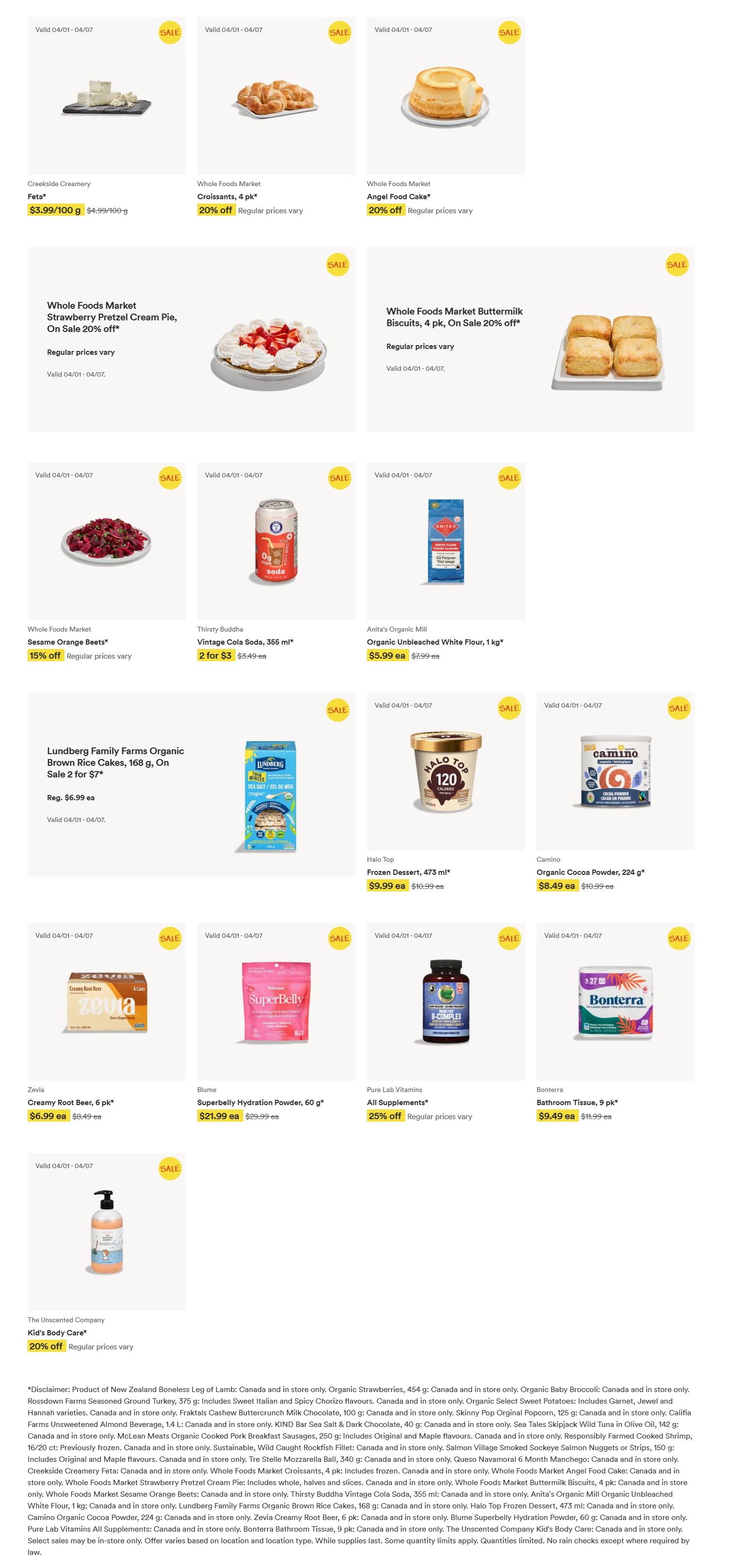 Whole Foods Market flyer page 2 features a variety of grocery items and discounts. Highlights include Creekside Creamery Feta at $3.99/100 g, Whole Foods Market Croissants (4 pk) and Angel Food Cake at 20% off, and Whole Foods Market Strawberry Pretzel Cream Pie and Buttermilk Biscuits also on sale for 20% off. Other deals include Whole Foods Market Sesame Orange Beets at 15% off, Thirsty Buddha Vintage Cola Soda (2 for $3), Anita's Organic Mill Organic Unbleached White Flour (1 kg) for $5.99, Lundberg Family Farms Organic Brown Rice Cakes on sale 2 for $7, Halo Top Frozen Dessert (473 ml) for $9.99, and Camino Organic Cocoa Powder for $8.49. Also featured are Zevia Creamy Root Beer (6 pk) for $6.99, Blume Superbelly Hydration Powder (60 g) for $21.99, Pure Lab Vitamins All Supplements at 25% off, and Bonterra Bathroom Tissue (9 pk) for $9.49. The Unscented Company Kid's Body Care is also 20% off. Sale prices are valid from April 1 to April 7.