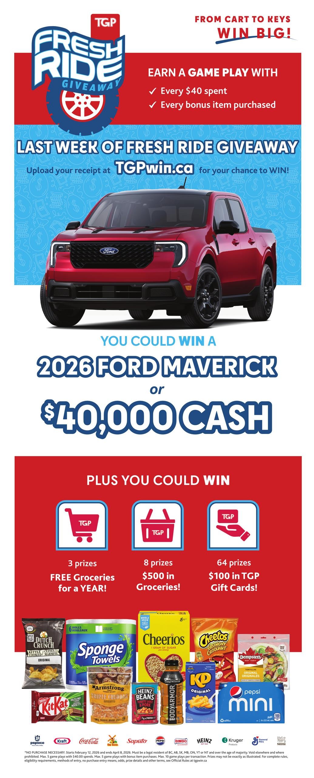 TGP The Grocery People weekly flyer specials, page 2. Features the last week of the Fresh Ride Giveaway with a bonus code BAGFUN99. Bonus items include Classico Pasta Sauce (218-600 mL) and Nestlé Real Dairy Ice Cream or Frozen Dessert (1.5 L or Novelties, package of 4-12, select varieties). Also featured are bubly Sparkling Water Beverage (12 x 355 mL) and Scotties Facial Tissue (package of 9). The bottom section showcases various grocery items including Dutch Crunch Marmite Kettle Chips, Sponge Towels, Cheerios Cereal, Cheetos Croquant, Dempsters Original Originals, Kit Kat, Armstrong Triple Cheddar Shredded Cheese, Heinz Beans Tomato Salad & Pork, Bodyarmor, KD Original Mac & Cheese, and Pepsi Mini cans. The flyer also lists participating brands at the bottom.