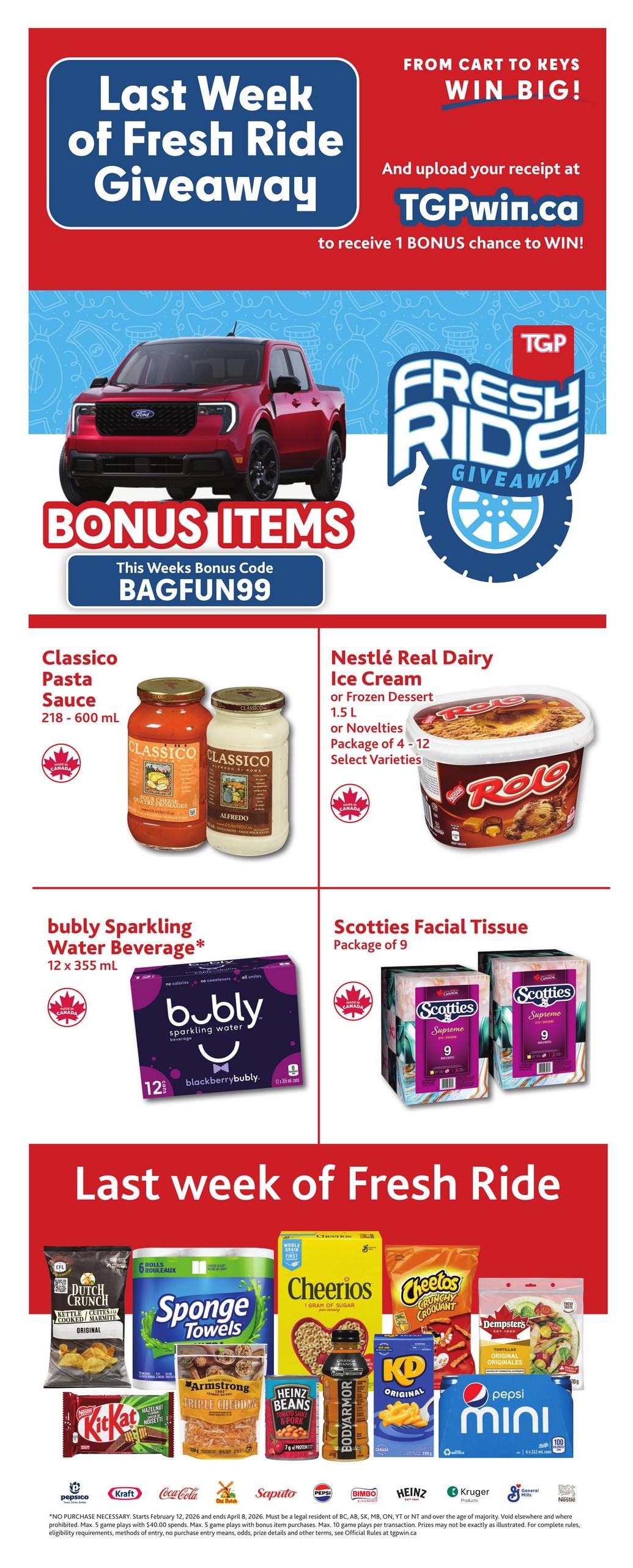 TGP The Grocery People weekly flyer specials for April 2nd to April 8th, 2026. Featured items include Seedless Grapes (Green, Red, or Black varieties) from Peru, South Africa, or Chile for $2.49/lb. Sugardale Bone-In Ham is $2.49/lb. Smoked Ham Butt Portion, Hickory Noyer flavour, is also available. Premium Oven Roast Beef Rib, cut in-store and raised in Western Canada, is $12.99/lb. Co-op Gold Pumpkin Pie or Apple Pie is $4.49. Sale items include Co-op Gold Cheese (600-700g) for $8.99, and Kellogg's, General Mills, or Post Jumbo Cereal (700g - 1.05kg, select varieties) for $8.99. Dairyland Cottage Cheese (500g) or Sour Cream (750ml) is $3.99. Bubly Sparkling Water Beverage (12 x 355ml) is 2 for $14.00. The flyer also promotes the 'Last Week of Fresh Ride Giveaway' where customers can earn a game play with every $40 spent or every bonus item purchased, with a chance to win a 2026 Ford Maverick or $40,000 cash. Visit flyers.tgp.crs for more details.