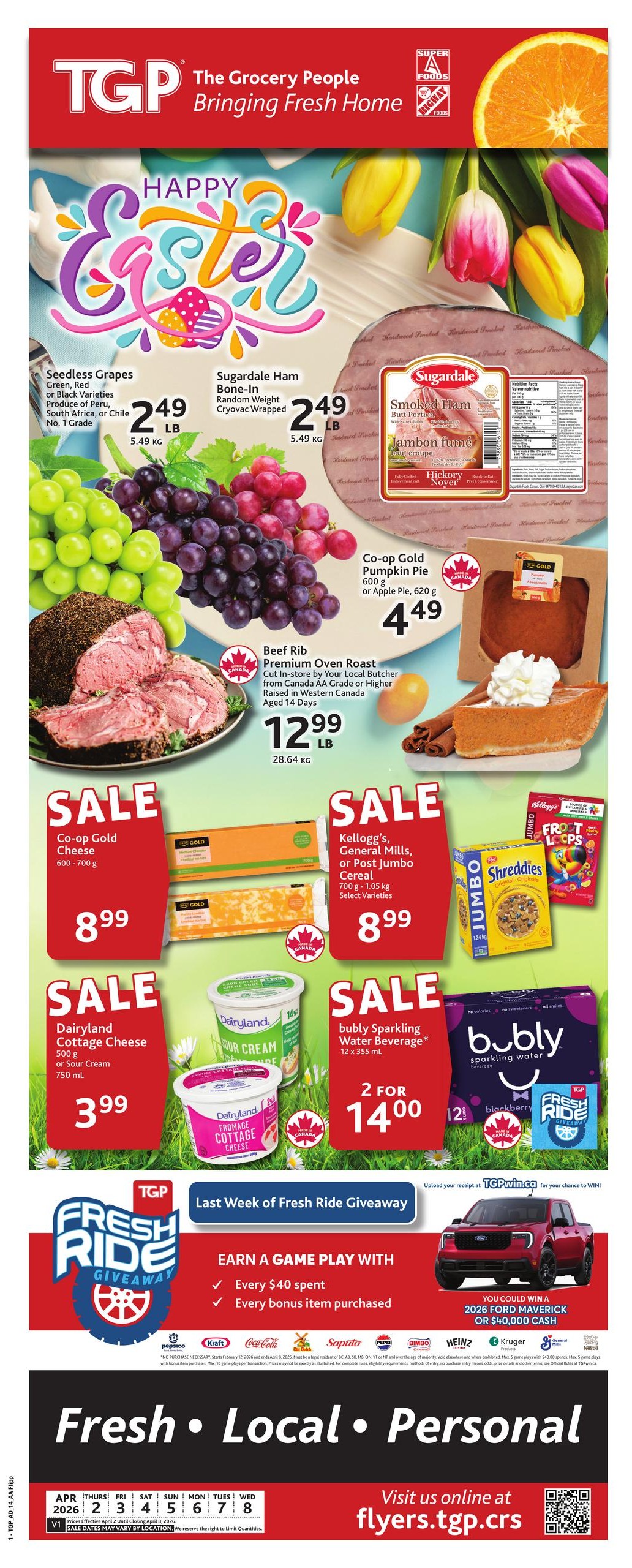 TGP The Grocery People flyer page 1 features the 'Fresh Ride Giveaway' with a chance to win a 2026 Ford Maverick or $40,000 cash. Earn a game play with every $40 spent or every bonus item purchased. Plus, you could win 3 prizes of FREE Groceries for a year, 8 prizes of $500 in groceries, or 64 prizes of $100 in TGP Gift Cards. Featured products include Dutch Crunch Kettle Chips, Sponge Towels, Cheerios, Cheetos Crunchy Croquant, Dempsters Original Tortillas, Kit Kat, Armstrong Shredded Cheese, Heinz Beans Tomato Sauce & Pork, Bodyarmor, KD Original Mac & Cheese, and Pepsi Mini. The promotion runs from April 2 to April 8, 2026.