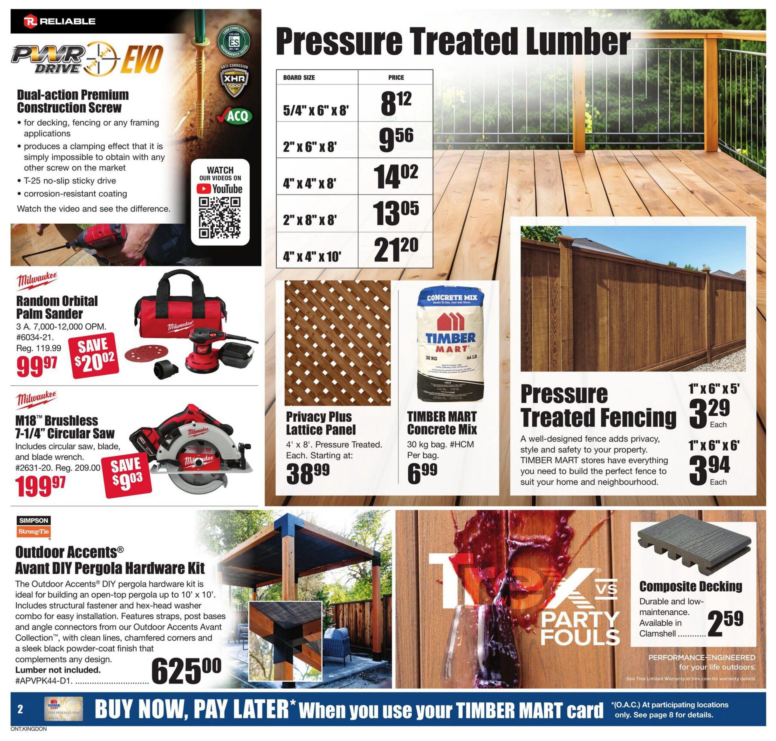 Timber Mart flyer specials page 2 features a variety of home and garden products. Top left showcases Reliable PWR DRIVE EVO Dual-action Premium Construction Screws for decking, fencing, and framing. Below that, a Milwaukee Random Orbital Palm Sander is on sale for $99.97, saving $20.02, with a regular price of $119.99. Next to it, a Milwaukee M18 Brushless 7-1/4' Circular Saw is priced at $199.97, saving $9.03, with a regular price of $209.00. The centre of the page displays Pressure Treated Lumber with various board sizes and prices: 5/4' x 6' x 8' for $8.12, 2' x 6' x 8' for $9.56, 4' x 4' x 8' for $14.02, 2' x 8' x 8' for $13.05, and 4' x 4' x 10' for $21.20. Also featured is a 4' x 8' Pressure Treated Privacy Plus Lattice Panel starting at $38.99 and TIMBER MART Concrete Mix (30 kg bag) for $6.99 per bag. On the right side, Pressure Treated Fencing is available in 1' x 6' x 5' for $3.29 each and 1' x 6' x 6' for $3.94 each. The bottom section highlights the Outdoor Accents Avant DIY Pergola Hardware Kit for $625.00, including structural fasteners and connectors. Finally, Composite Decking is available in a clamshell for $2.59. The bottom banner promotes 'Buy Now, Pay Later' when using your TIMBER MART card.