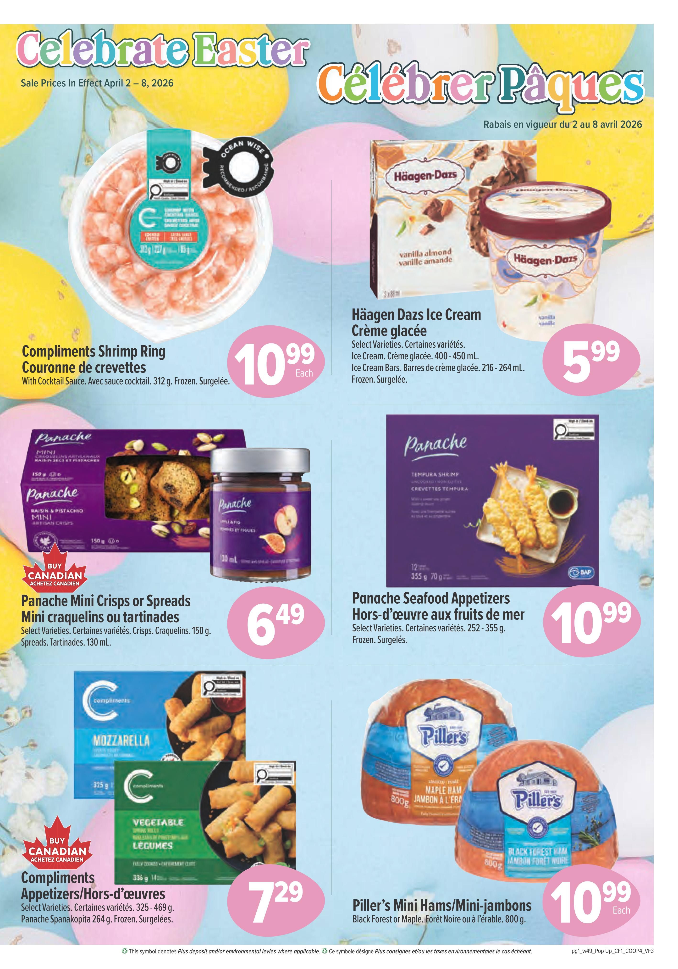Valufoods weekly flyer specials page 5, featuring Easter promotions. Offers include Compliments Shrimp Ring with cocktail sauce for $10.99, Häagen-Dazs Ice Cream in various flavours for $5.99, Panache Mini Crisps or Spreads for $6.49, Panache Seafood Appetizers for $10.99, Compliments Appetizers/Hors-d'oeuvres (Mozzarella and Vegetable varieties) for $7.29, and Piller's Mini Hams (Black Forest or Maple) for $10.99 each.
