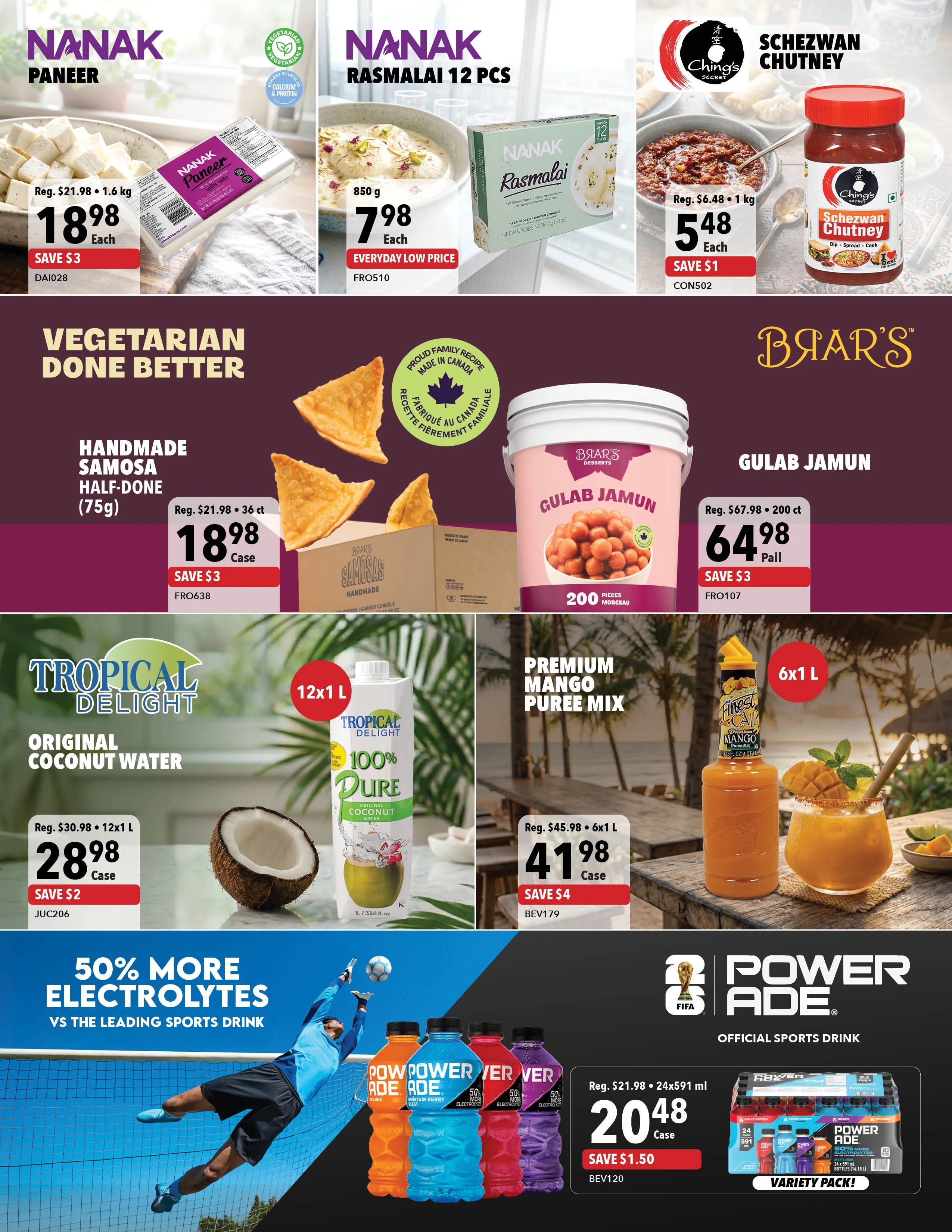 A1 Cash & Carry flyer page 4 features Nanak Paneer for $18.98 (Save $3), Nanak Rasmalai 12 pcs for $7.98, and Ching's Secret Schezwan Chutney for $5.48 (Save $1). Also featured are Handmade Samosa Half-Done (75g) for $18.98 (Save $3) and Bjar's Gulab Jamun (200 pcs) for $64.98 (Save $3). Tropical Delight Original Coconut Water (12x1L) is on sale for $28.98 (Save $2), and Premium Mango Puree Mix (6x1L) is $41.98 (Save $4). The bottom section highlights Powerade with 50% more electrolytes, offering a 24x591ml case for $20.48 (Save $1.50), available in a variety pack.