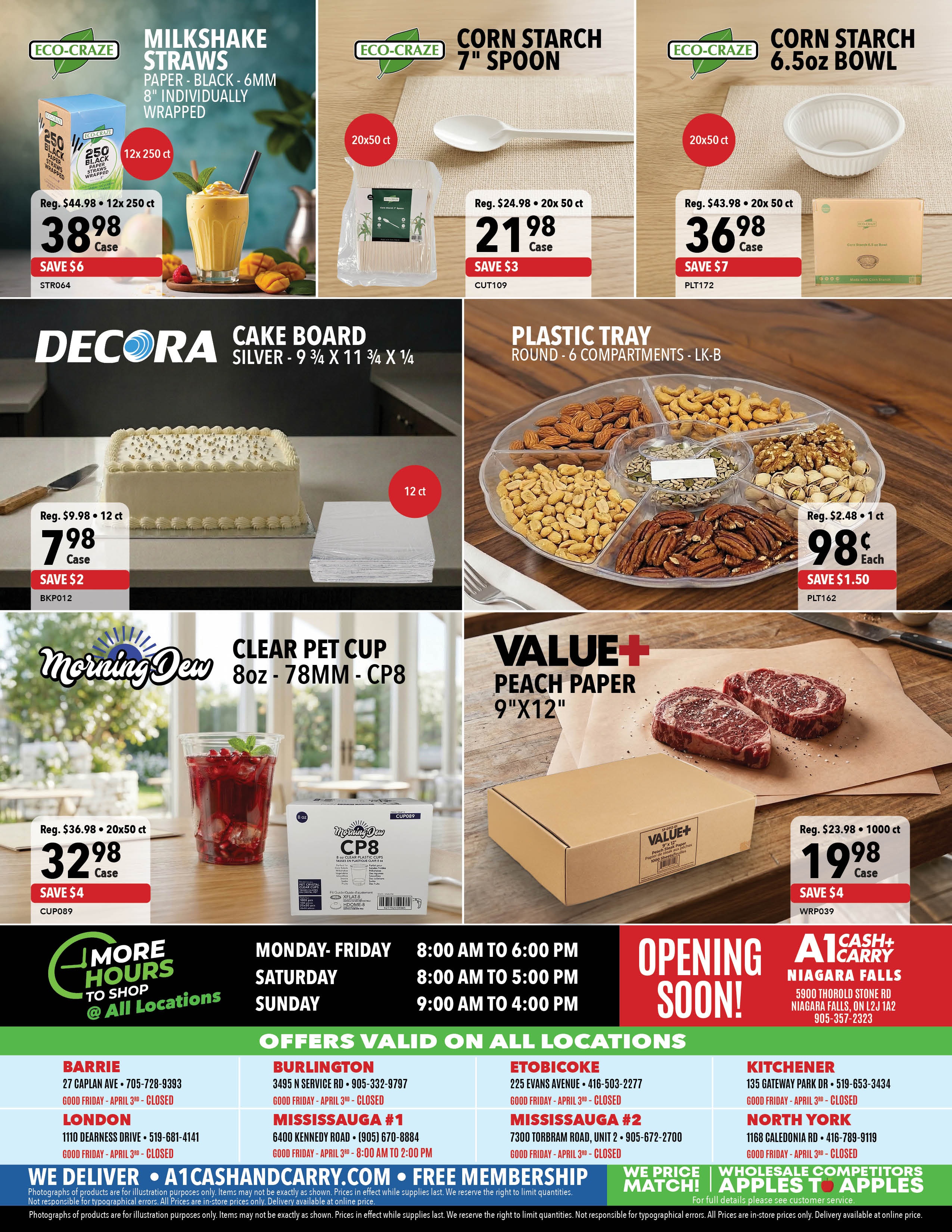 A1 Cash & Carry flyer page 8 featuring various specials. Top row includes Eco-Craze Milkshake Straws, 12x250 ct, on sale for $38.98 (save $6), Eco-Craze Corn Starch 7' Spoons, 20x50 ct, for $21.98 (save $3), and Eco-Craze Corn Starch 6.5oz Bowls, 20x50 ct, for $36.98 (save $7). The middle row showcases Decora Cake Boards, silver, 9 3/4' x 11 3/4' x 1/4', for $7.98 (save $2), a Plastic Tray with 6 compartments for $0.98 each (save $1.50), and Morning Dew Clear PET Cups, 8oz - 78MM - CP8, 20x50 ct, for $32.98 (save $4). The bottom row features Value+ Peach Paper, 9'x12', 1000 ct, for $19.98 (save $4). The flyer also includes store hours, locations in Barrie, Burlington, London, Mississauga #1, Mississauga #2, Etobicoke, Kitchener, North York, and Niagara Falls, with contact information and holiday hours. A section highlights 'More Hours to Shop @ All Locations', 'We Deliver', 'A1CashAndCarry.com', 'Free Membership', and 'We Price Match! Apples to Apples'.