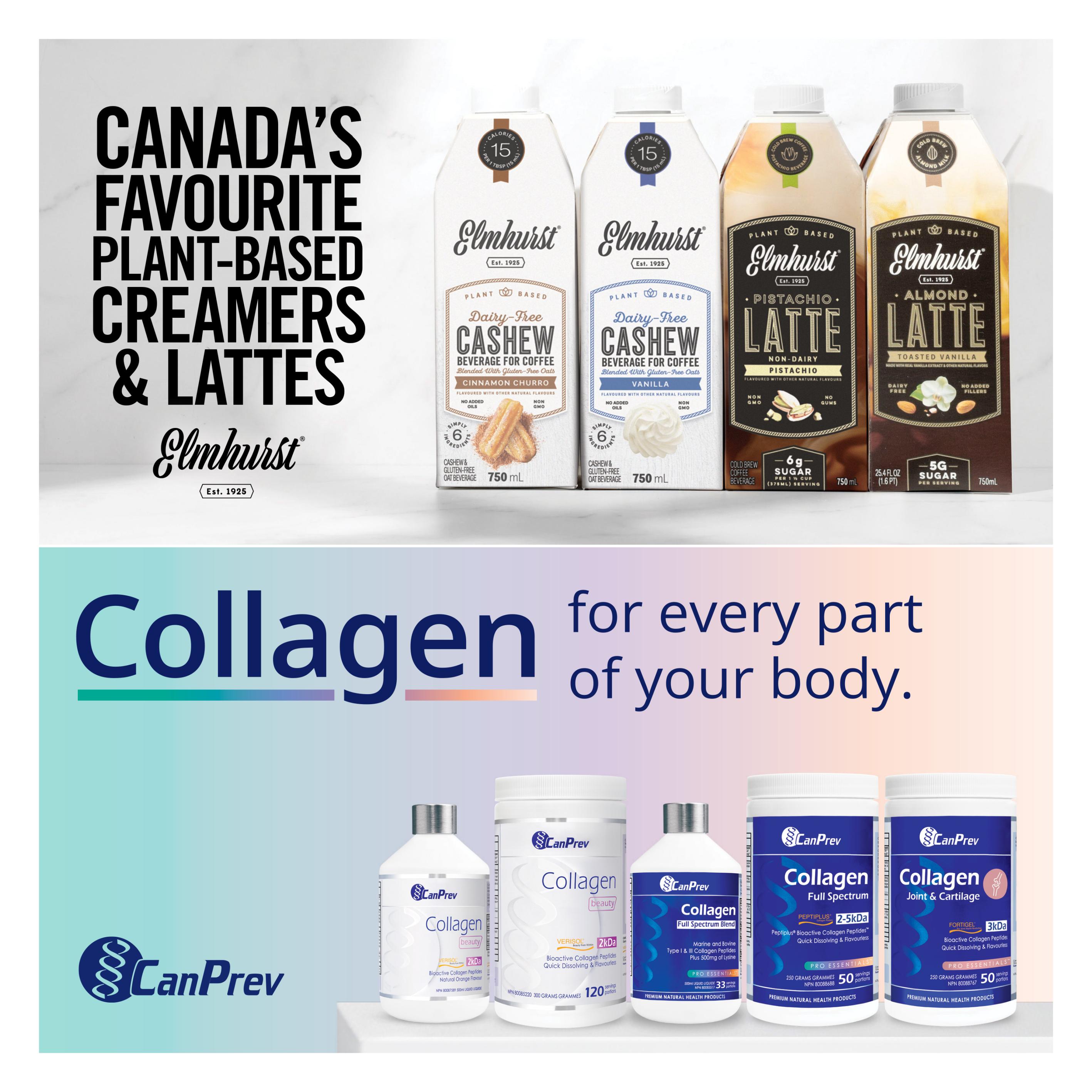 Page 2 of the Ambrosia Natural Foods flyer, featuring Canada's favourite plant-based creamers and lattes from Elmhurst. Products include Elmhurst Dairy-Free Cashew Beverage for Coffee in Cinnamon Churro flavour and Vanilla flavour, both 750 mL, with 15 calories per tablespoon and 6 ingredients. Also featured are Elmhurst Pistachio Latte and Toasted Vanilla Almond Latte, both 750 mL, with 6g or 5g of sugar per serving respectively. The bottom half of the page highlights CanPrev Collagen products for every part of your body. Products include CanPrev Collagen Beauty (Natural Orange Flavour, 500mL liquid), CanPrev Collagen Beauty (Quick Dissolving & Flavourless, 300 grams, 120 servings), CanPrev Collagen Full Spectrum Blend (Peptiplus 2-5kDa, 250 grams, 50 servings), and CanPrev Collagen Joint & Cartilage (Fortigel 3kDa, 250 grams, 50 servings).