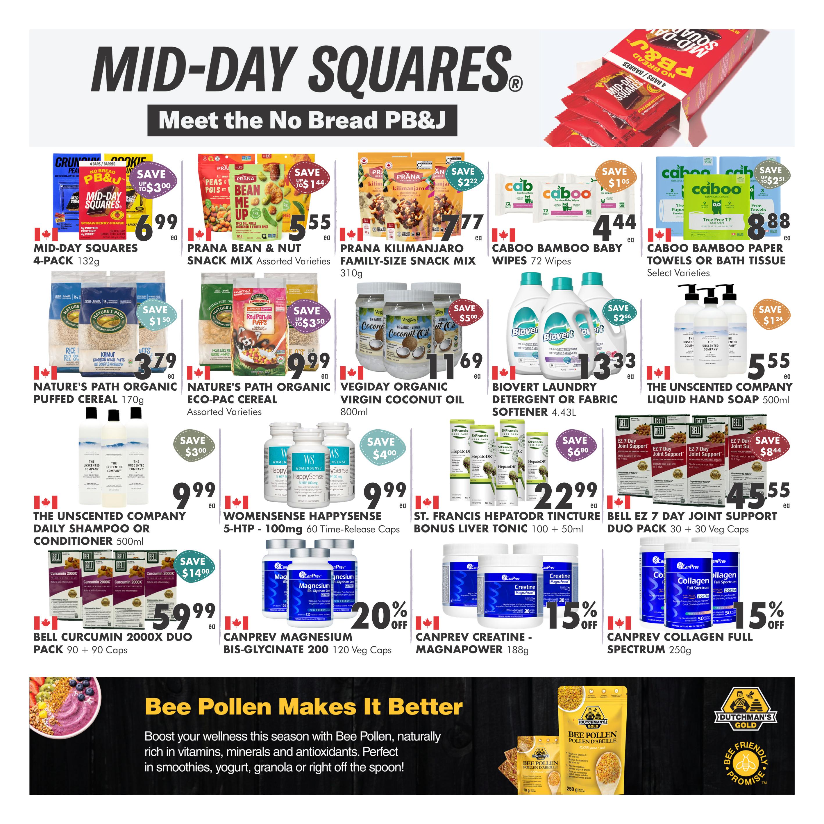Ambrosia Natural Foods flyer specials page 3. Featured products include Mid-Day Squares 4-pack for $6.99, Prana Bean & Nut Snack Mix assorted varieties for $5.55, Prana Kilimanjaro Family-Size Snack Mix 310g for $7.77, Caboo Bamboo Baby Wipes 72 wipes for $4.44, and Caboo Bamboo Paper Towels or Bath Tissue select varieties for $8.88. Also on sale are Nature's Path Organic Puffed Cereal 170g for $3.79, Nature's Path Organic Eco-Pac Cereal assorted varieties for $9.99, Vegiday Organic Virgin Coconut Oil 800ml for $11.69, Biovert Laundry Detergent or Fabric Softener 4.43L for $13.33, and The Unscented Company Daily Shampoo or Conditioner 500ml for $9.99. Additional offers include The Unscented Company Liquid Hand Soap 500ml for $5.55, Womensense HappySense 5-HTP - 100mg 60 Time-Release Caps for $9.99, St. Francis Hepatodr Tincture Bonus Liver Tonic 100 + 50ml for $22.99, Bell EZ 7 Day Joint Support Duo Pack 30 + 30 Veg Caps for $45.55, Bell Curcumin 2000X Duo Pack 90 + 90 Caps for $59.99, Canprev Magnesium Bis-Glycinate 200 120 Veg Caps with 20% off, Canprev Creatine - MagnaPower 188g with 15% off, and Canprev Collagen Full Spectrum 250g with 15% off. The bottom section highlights Bee Pollen, promoting its benefits for wellness.