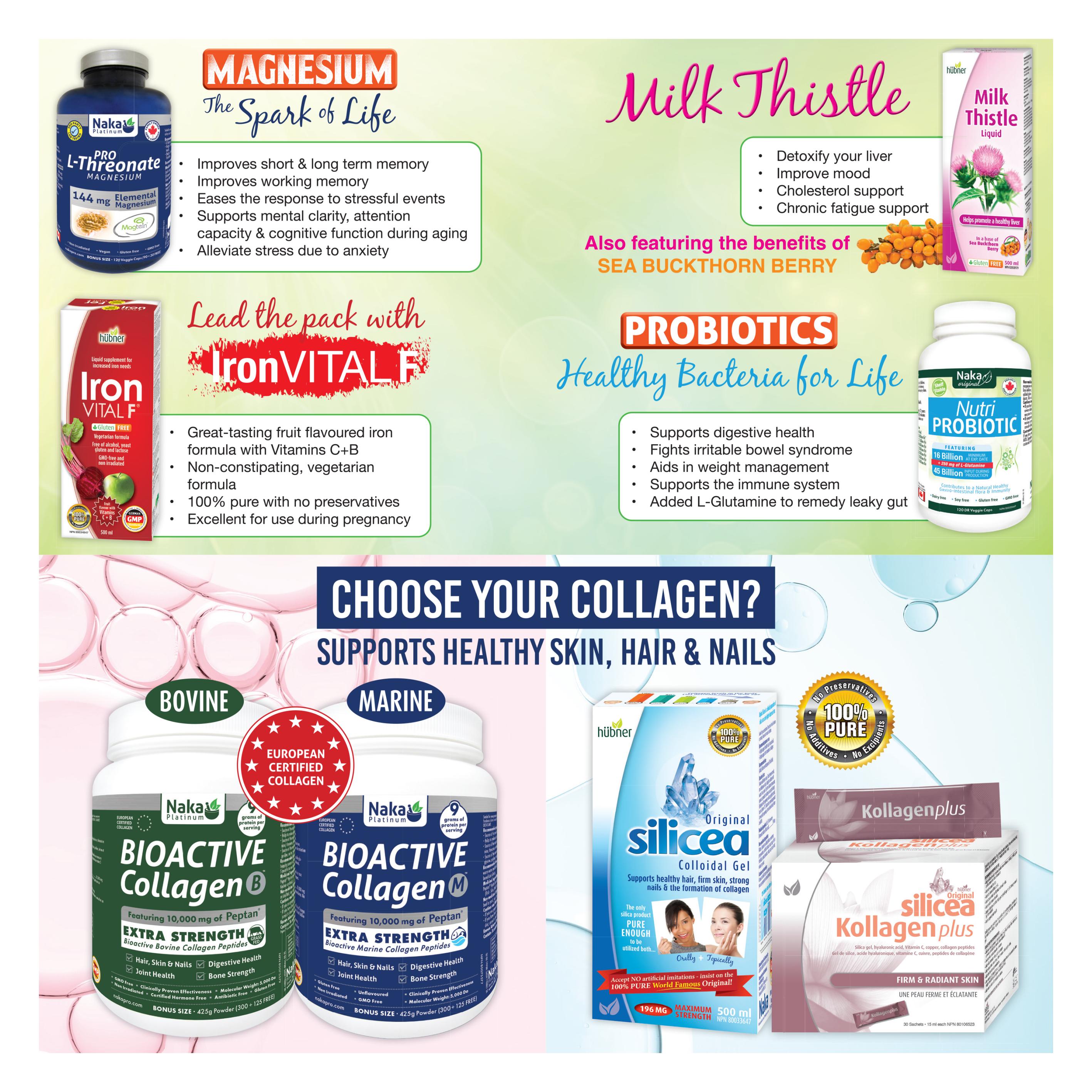 Ambrosia Natural Foods flyer specials page 4 features Naka Platinum Pro L-Threonate Magnesium, which improves memory and alleviates stress. Also featured is Hübner Iron VITAL F, a fruit-flavoured iron supplement with Vitamins C+B, suitable for use during pregnancy. The page highlights Naka Nutri Probiotic, supporting digestive health and immunity. A large section is dedicated to collagen products: Naka Bioactive Collagen B and M, both featuring 10,000 mg of Peptan for extra strength, supporting hair, skin, nails, and bone strength. Also available is Hübner Silicea Colloidal Gel and Kollagenplus, promoting firm and radiant skin with silica gel, hyaluronic acid, Vitamin C, copper, and collagen peptides.