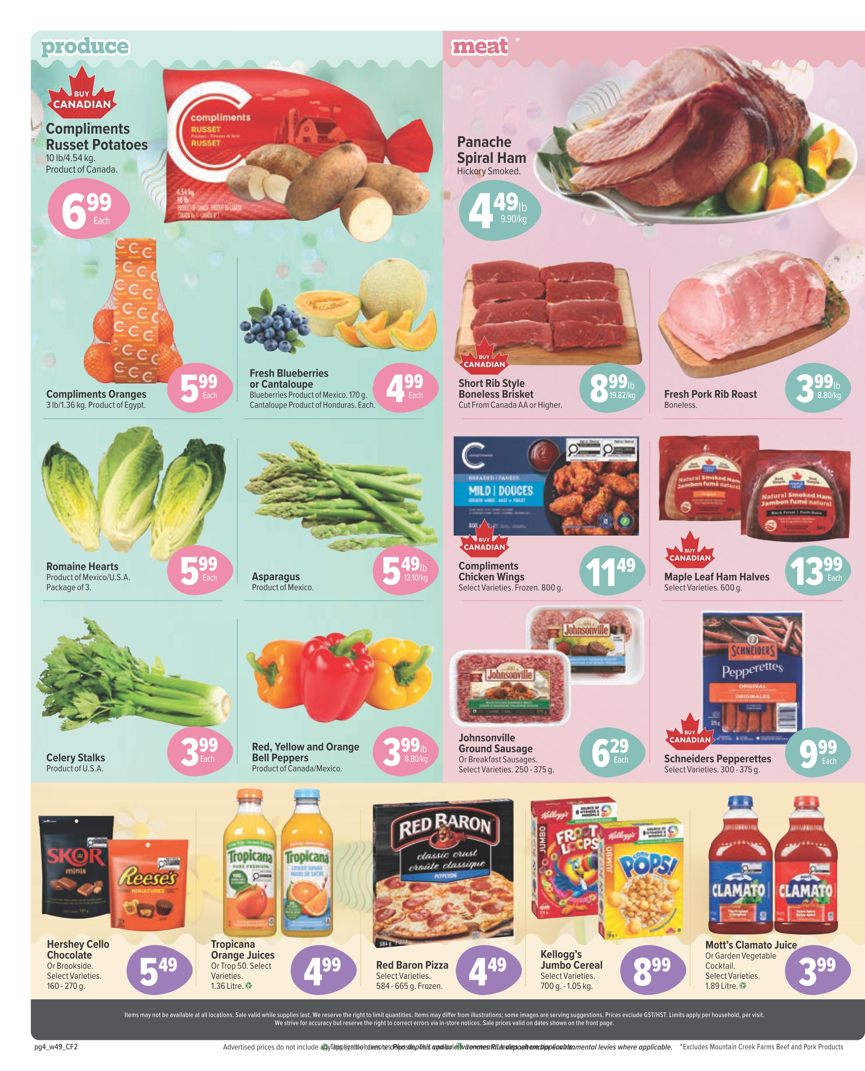 Bidgood's weekly flyer specials page 4 features produce and meat deals. Produce includes Compliments Russet Potatoes for $6.99 each, Compliments Oranges for $5.99 each, Fresh Blueberries or Cantaloupe for $4.99 each, Romaine Hearts for $5.99 each, Asparagus for $5.49 lb, and Celery Stalks for $3.99 each. Red, Yellow and Orange Bell Peppers are $3.99 lb. Meat specials include Panache Spiral Ham for $4.49 lb, Short Rib Style Boneless Brisket for $8.99 lb, Fresh Pork Rib Roast for $3.99 lb, Compliments Chicken Wings for $11.49, Maple Leaf Ham Halves for $13.99 each, Johnsonville Ground Sausage for $6.29 each, and Schneiders Pepperettes for $9.99 each. Packaged goods include Hershey Cello Chocolate (Reese's) for $5.49, Tropicana Orange Juices for $4.99, Red Baron Pizza for $4.49, Kellogg's Jumbo Cereal for $8.99, and Mott's Clamato Juice for $3.99.
