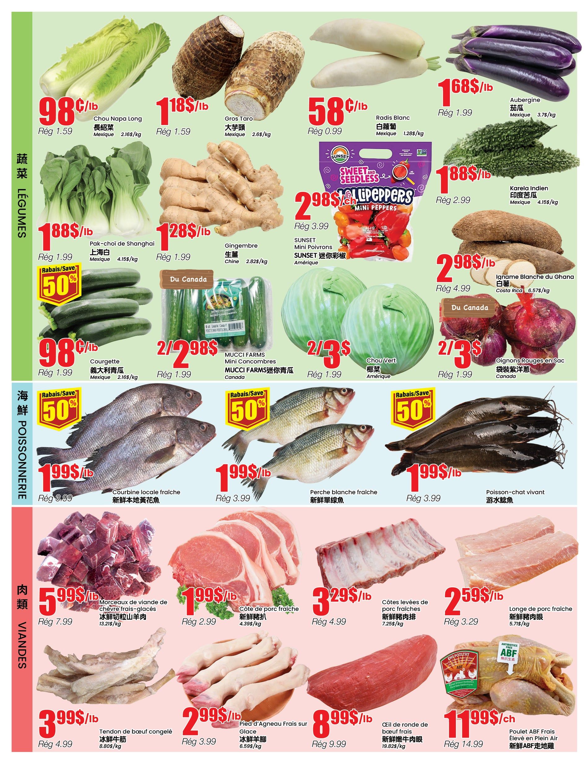 BTrust supermarket weekly flyer specials page 3 features a variety of fresh produce and meats. Produce includes Napa Long Cabbage for $0.98/lb, Gros Taro for $1.18/lb, White Radish for $0.58/lb, and Eggplant for $1.68/lb. Also available are Pak-choi of Shanghai for $1.88/lb, Ginger for $1.28/lb, and SUNSET Mini Peppers for $2.98/lb. Courgettes (zucchini) are $0.98/lb, and MUCCI FARMS Mini Cucumbers are 2 for $2.98. Green Cabbage is 2 for $3.00, and Red Onions in a bag are 2 for $3.00. Seafood specials include fresh local Sea Bream for $1.99/lb, fresh White Perch for $1.99/lb, and live Catfish for $1.99/lb. Meat specials feature fresh frozen diced beef for $5.99/lb, fresh pork chops for $1.99/lb, fresh pork back ribs for $3.29/lb, fresh pork loin for $2.59/lb, frozen beef tendon for $3.99/lb, lamb feet for $2.99/lb, fresh beef eye of round for $8.99/lb, and ABF Free-Range Chicken for $11.99 each.