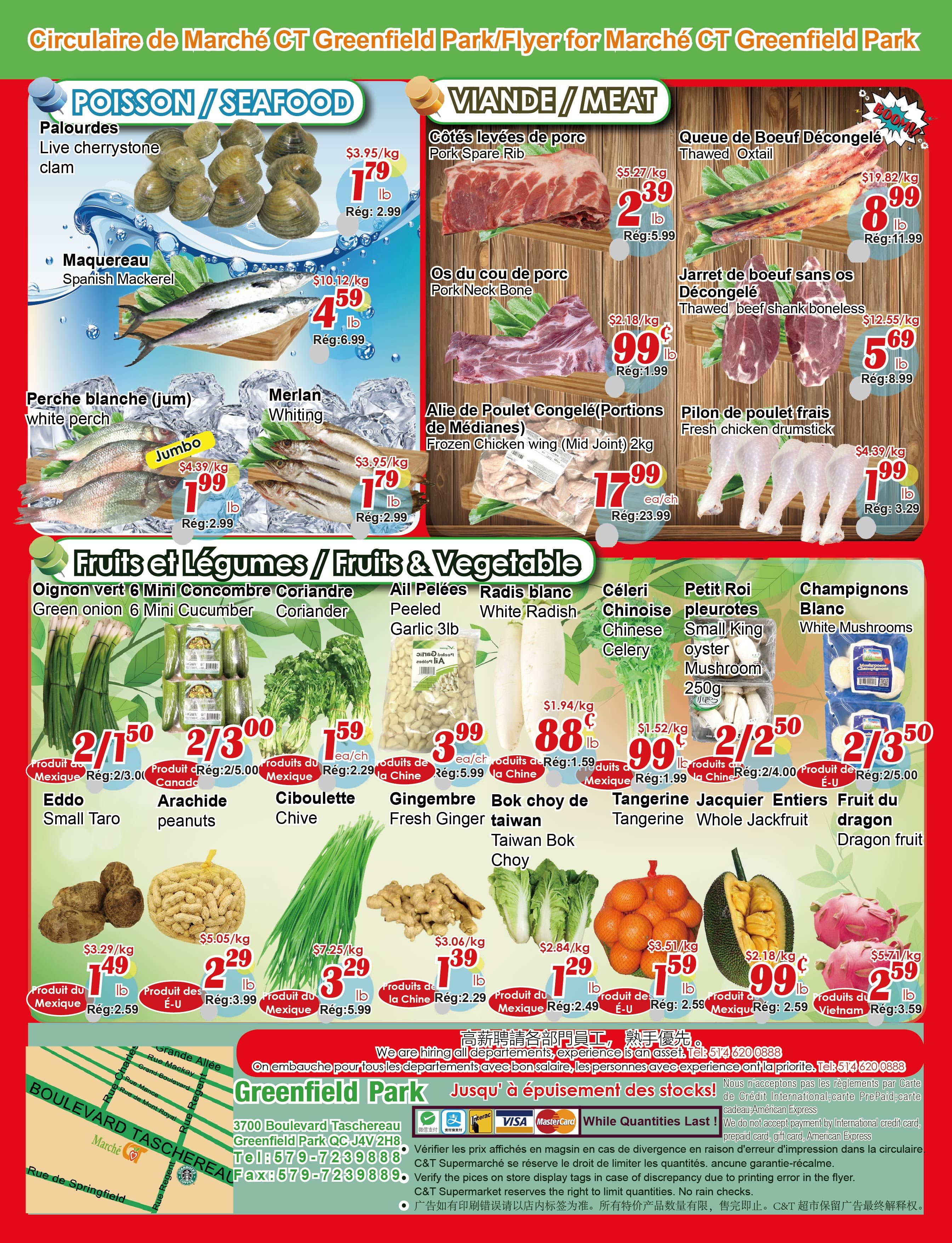 C&T Supermarket Greenfield Park weekly flyer specials page 2 features a wide selection of seafood and meat. Seafood includes live cherrystone clams for $1.79/lb (regularly $2.99), Spanish mackerel for $4.59/lb (regularly $6.99), white perch for $1.99/lb (regularly $2.99), and whiting for $1.79/lb (regularly $2.99). Meat options include pork spare ribs for $2.39/lb (regularly $5.99), pork neck bone for $0.99/lb (regularly $1.99), frozen chicken wings (mid joint) 2kg for $17.99 each (regularly $23.99), thawed oxtail for $8.99/lb (regularly $11.99), thawed boneless beef shank for $5.69/lb (regularly $8.99), and fresh chicken drumsticks for $1.99/lb (regularly $3.29). The flyer also highlights fresh fruits and vegetables: green onions, mini cucumbers, and coriander for 2 for $3.00 (regularly $3.00), peeled garlic 3lb for $3.99 each (regularly $5.99), eddo (small taro) for $1.49/lb (regularly $2.59), peanuts for $2.29/lb (regularly $3.99), chives for $3.29/lb (regularly $5.99), fresh ginger for $1.39/lb (regularly $2.29), Taiwan bok choy for $1.29/lb (regularly $2.49), tangerine whole jackfruit for $1.59/lb (regularly $2.59), and dragon fruit for $2.59/lb (regularly $3.59). Small king oyster mushrooms are 2 for $2.50 (regularly $4.00) and white mushrooms are 2 for $3.50 (regularly $5.00). The bottom of the page includes store information for C&T Supermarket Greenfield Park at 3700 Boulevard Taschereau, with phone and fax numbers, and mentions hiring for departments. It also states 'While Quantities Last!' and details payment methods accepted.