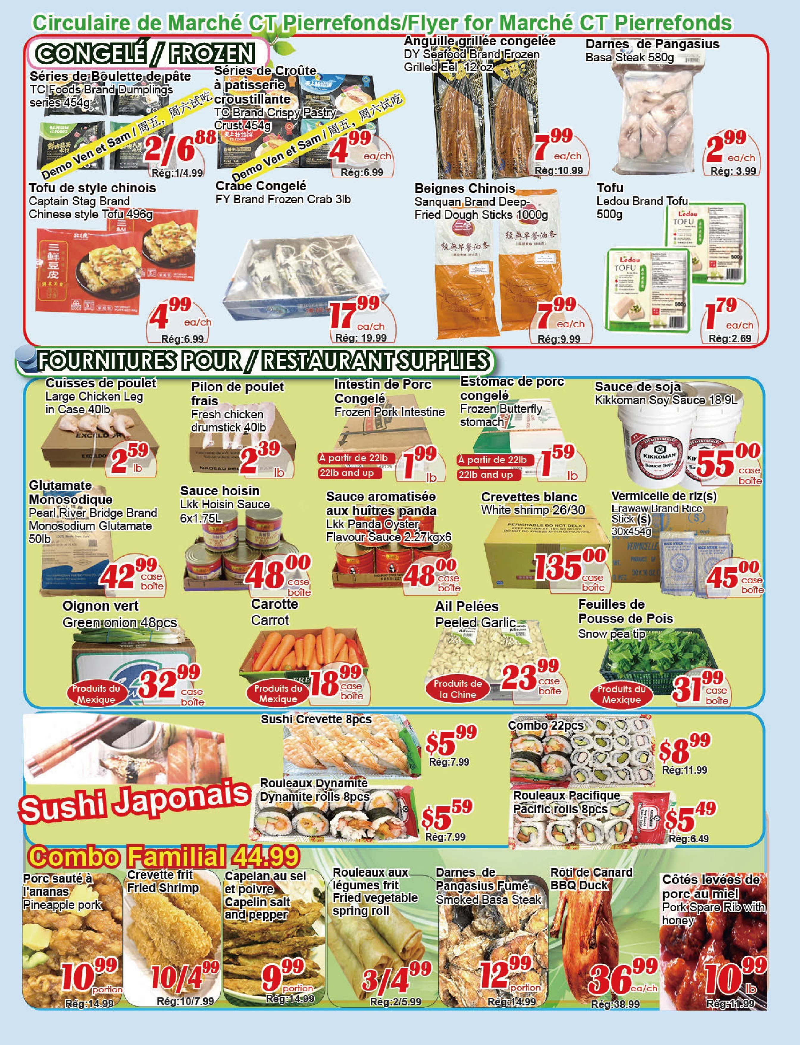 C&T Supermarket flyer page 2 features frozen items and restaurant supplies. Frozen section includes TC Foods Brand Dumplings at 2/$6.99, TC Brand Crispy Pastry Crust 454g for $4.99, Captain Stag Brand Chinese Style Tofu 496g for $4.99, and FY Brand Frozen Crab 3lb for $17.99. Also available are DY Seafood Brand Frozen Grilled Eel 12oz for $7.99 and Sanquan Brand Deep-Fried Dough Sticks 1000g for $7.99. Ledou Brand Tofu 500g is on sale for $2.69. Restaurant supplies include Large Chicken Leg in Case 40lb for $2.59/lb, Fresh Chicken Drumstick 40lb for $2.39/lb, Frozen Pork Intestine at $1.99/lb (starting from 22lb), Frozen Butterfly Stomach at $1.59/lb (starting from 22lb), Kikkoman Soy Sauce 18.9L for $55.00/case, Lkk Hoisin Sauce 6x1.75L for $48.00/case, Lkk Panda Oyster Flavour Sauce 2.27kgx6 for $48.00/case, White Shrimp 26/30 for $135.00/case, Green Onion 48pcs for $32.99/case, Carrot for $18.99/case, Peeled Garlic for $23.99/case, and Snow Pea Tips for $31.99/case. The Japanese Sushi section offers Sushi Shrimp 8pcs for $5.99, Dynamite Rolls 8pcs for $5.59, Pacific Rolls 8pcs for $5.49, and a 22pc Combo for $8.99. Family Combo includes Pineapple Pork for $10.99/portion, Fried Shrimp for $10.49/portion, Capelin Salt and Pepper for $9.99/portion, Fried Vegetable Spring Roll for 3/$4.99, Smoked Basa Steak for $12.99/portion, BBQ Duck for $36.99 each, and Pork Spare Rib with Honey for $10.99/lb.