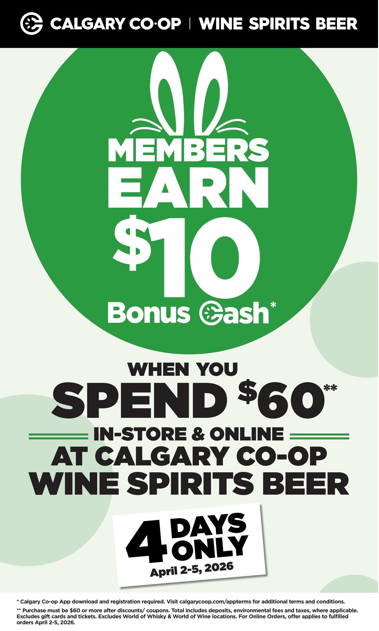 Calgary Co-op Wine Spirits Beer flyer, page 2. Featured products include Oyster Bay Sauvignon Blanc or Pinot Grigio 750ml bottle for $13.99, save $7; Oyster Bay Pinot Noir 750ml bottle for $14.99, save $8; and Baileys Original Irish Cream 750ml bottle for $24.99, save $12 with clip for registered members. Also available are La Marca Prosecco 750ml bottle for $14.99, save $8; Smirnoff Vodka 750ml bottle for $19.99, save $10; and Crown Royal Canadian Whisky 750ml bottle for $25.99, save $11. Beer selections include Corona 12 pack bottles for $27.99, save $10, and Budweiser, Bud Light, Molson Canadian or Coors Light 24 pack cans for $39.99, save $10. The flyer also promotes 'Elevate Your Easter' with wine selections from their Sommelier team. Prices are in effect April 2nd to April 8th, 2026.