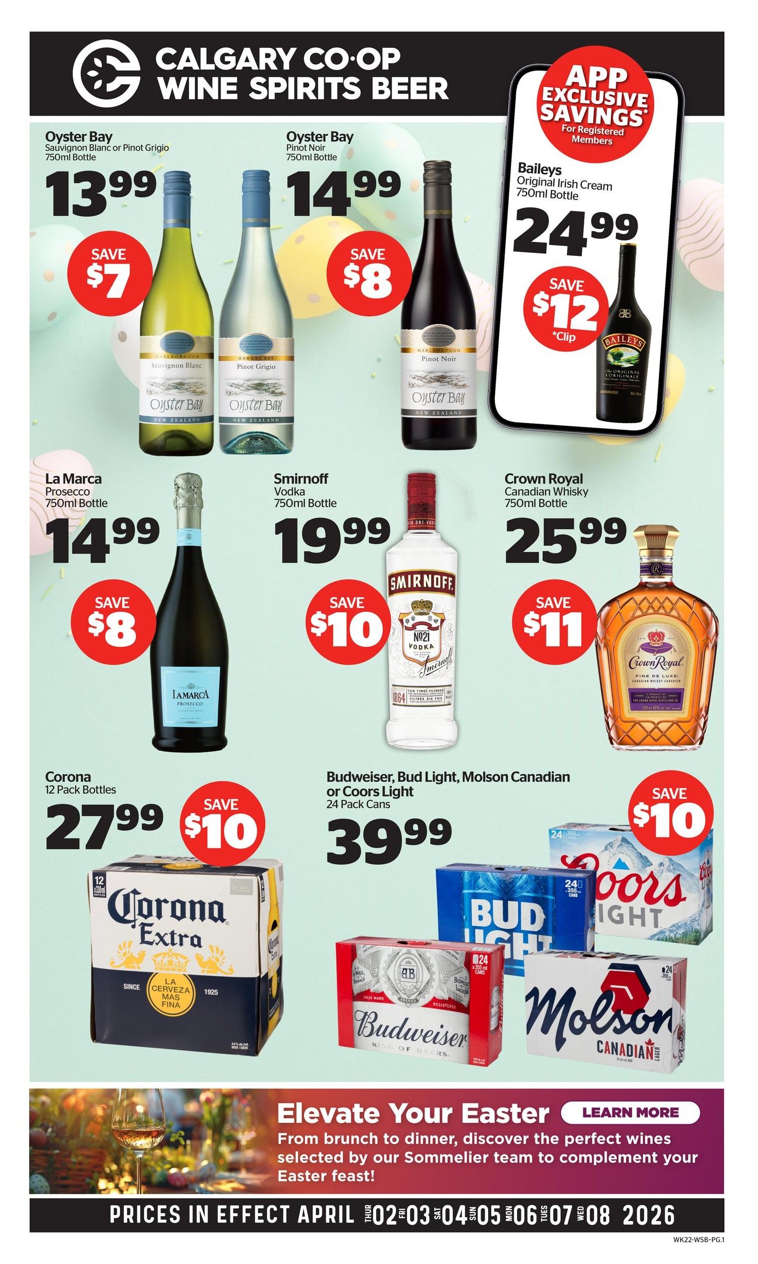 Calgary Co-op Wine Spirits Beer flyer. Members earn $10 Bonus Cash when you spend $60 or more in-store and online at Calgary Co-op Wine Spirits Beer. This offer is valid for 4 days only, from April 2-5, 2026. Calgary Co-op App download and registration required. Visit calgarycoop.com/appterms for additional terms and conditions. Purchase must be $60 or more after discounts/coupons. Total includes deposits, environmental fees and taxes, where applicable. Excludes gift cards and tickets. Excludes World of Whisky & World of Wine locations. For Online Orders, offer applies to fulfilled orders April 2-5, 2026.