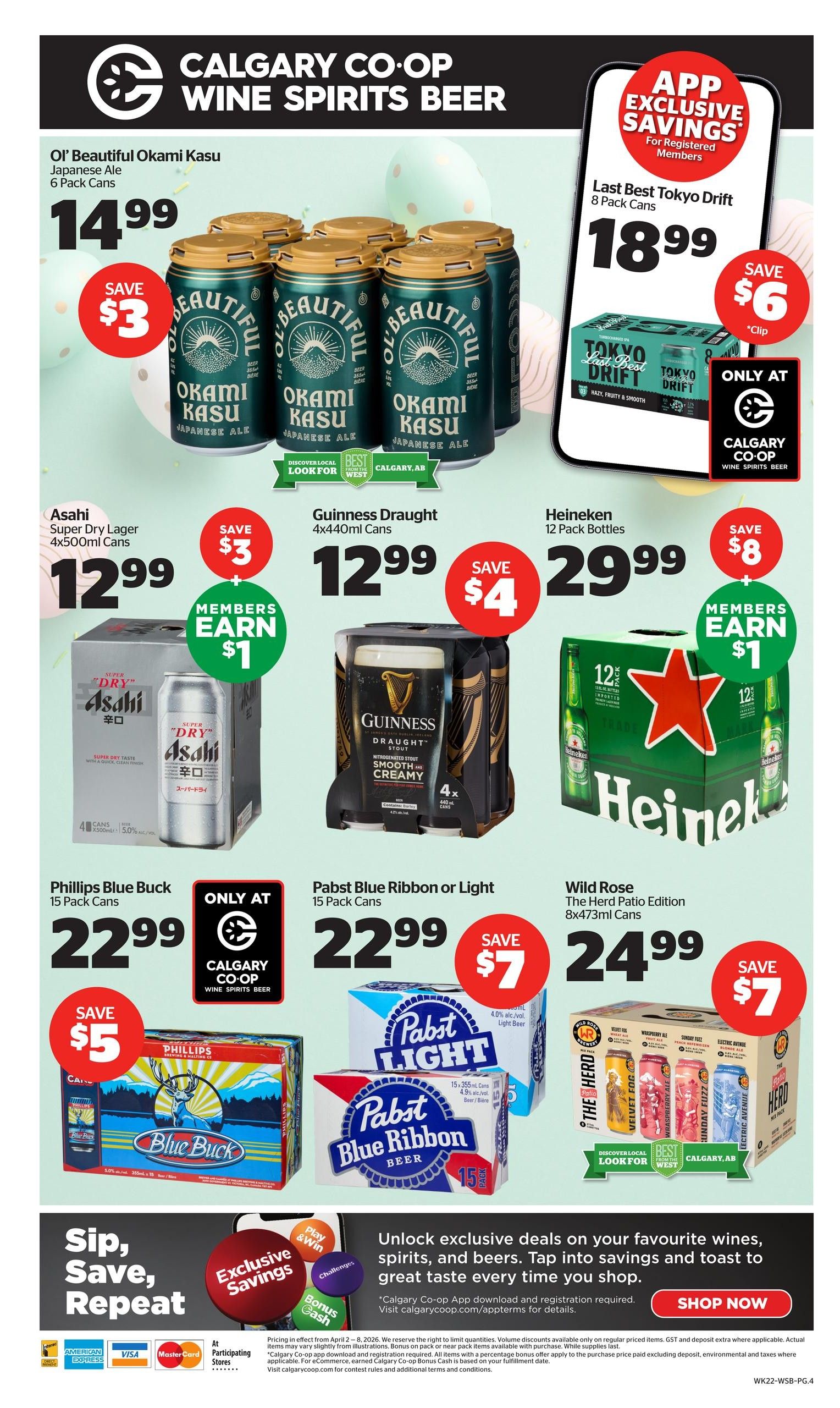 Calgary Co-op Wine Spirits Beer flyer, page 5. Featured products include Ol' Beautiful Okami Kasu Japanese Ale 6 Pack Cans for $14.99 with a $3 saving. Last Best Tokyo Drift 8 Pack Cans are $18.99 with a $6 saving, available only at Calgary Co-op. Asahi Super Dry Lager 4x500ml Cans are $12.99, with members earning $1. Guinness Draught 4x440ml Cans are $12.99 with a $4 saving. Heineken 12 Pack Bottles are $29.99 with a $8 saving, and members earn $1. Phillips Blue Buck 15 Pack Cans are $22.99 with a $5 saving. Pabst Blue Ribbon or Light 15 Pack Cans are $22.99 with a $7 saving. Wild Rose The Herd Patio Edition 8x473ml Cans are $24.99 with a $7 saving. Unlock exclusive deals on wines, spirits, and beers by downloading the Calgary Co-op App. Shop Now button available. Payment options include American Express, Visa, and Mastercard.