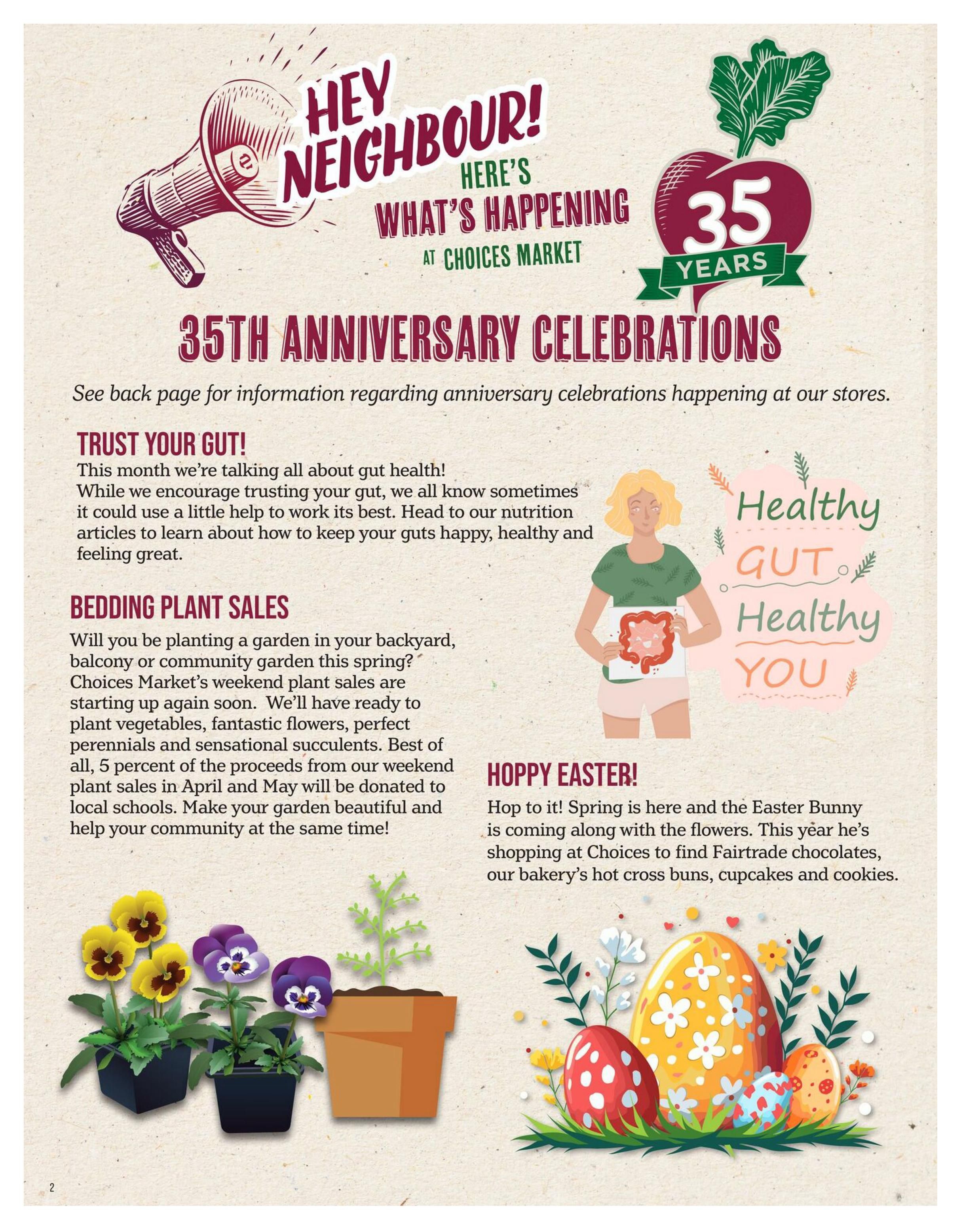 Choices Markets flyer, page 2, featuring 35th Anniversary Celebrations. Includes sections on 'Trust Your Gut!' with information about gut health and nutrition articles, and 'Bedding Plant Sales' for backyard, balcony, or community gardens, offering vegetables, fantastic flowers, perfect perennials, and sensational succulents. 5 percent of proceeds from April and May plant sales will be donated to local schools. Also highlights 'Hoppy Easter!' with mentions of Fairtrade chocolates, hot cross buns, cupcakes, and cookies available at Choices. The page includes illustrations of pansies in pots, a plant seedling, and decorated Easter eggs.