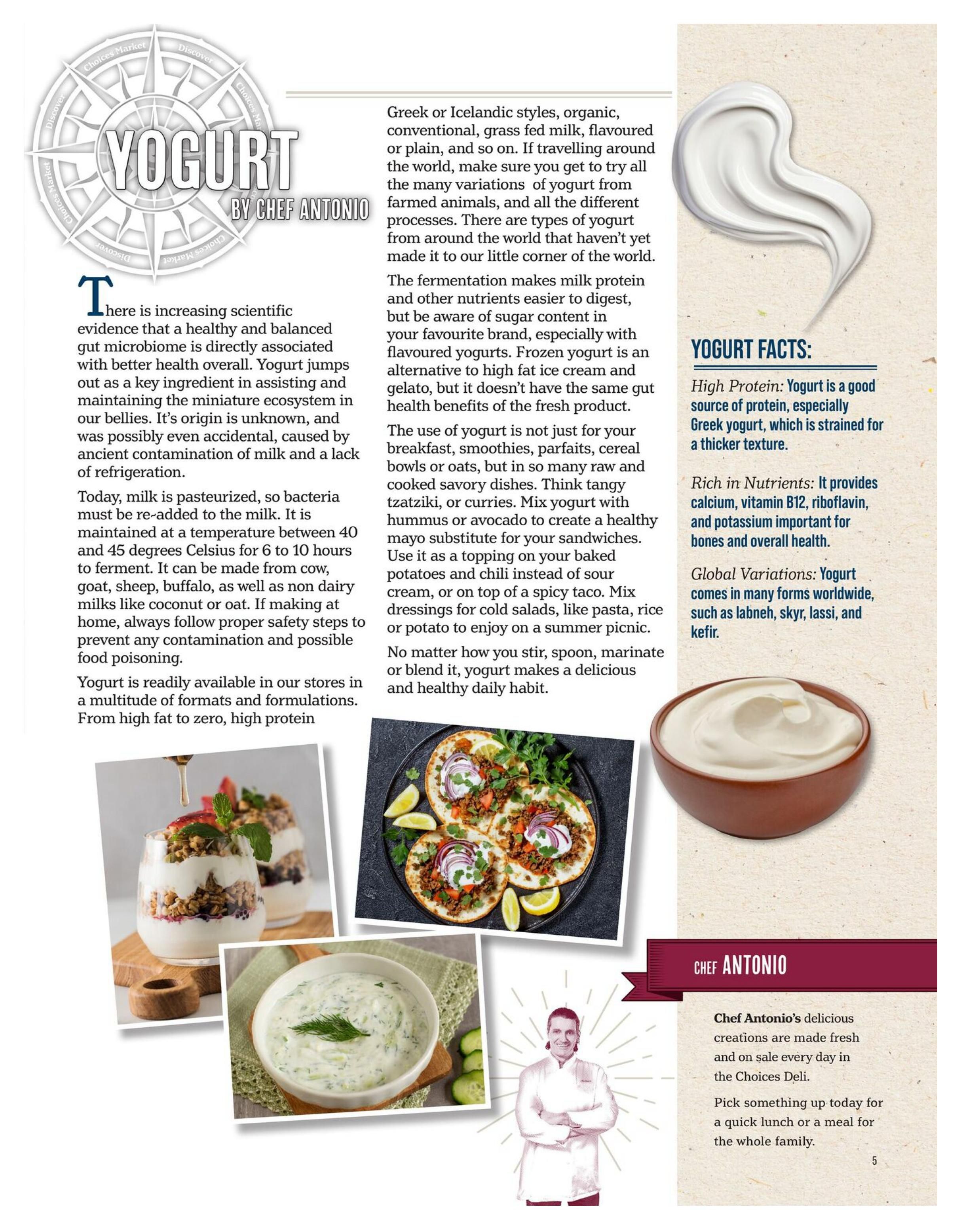 Choices Markets flyer page 5 featuring an article on Yogurt by Chef Antonio. The page discusses the health benefits of yogurt, its versatility in cooking, and different global variations like labneh, skyr, lassi, and kefir. It highlights that yogurt is a good source of protein, calcium, vitamin B12, and riboflavin. The page includes images of a yogurt parfait with granola and berries, a bowl of cucumber yogurt dip, and mini tacos topped with ground meat, onions, and cilantro. Chef Antonio's section mentions his fresh creations available daily in the Choices Deli, perfect for a quick lunch or family meal.