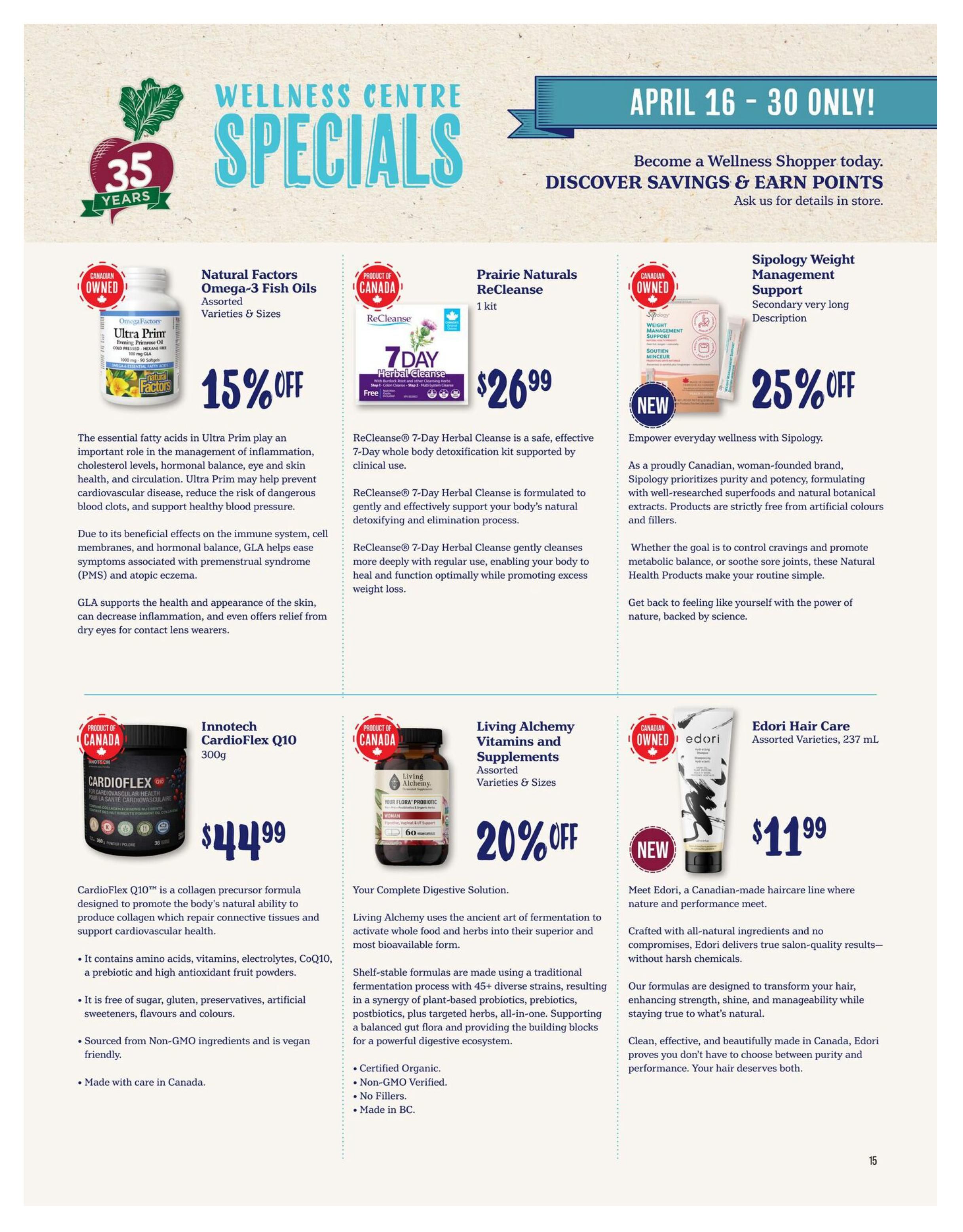 Choices Markets Wellness Centre Specials flyer page 15, featuring Natural Factors Omega-3 Fish Oils with 15% off, Prairie Naturals ReCleanse 7-Day Herbal Cleanse for $26.99, and Sipology Weight Management Support with 25% off. Also featured are Innotech CardioFlex Q10 300g for $44.99, Living Alchemy Vitamins and Supplements with 20% off, and Edori Hair Care for $11.99. The flyer is valid from April 16 to 30.