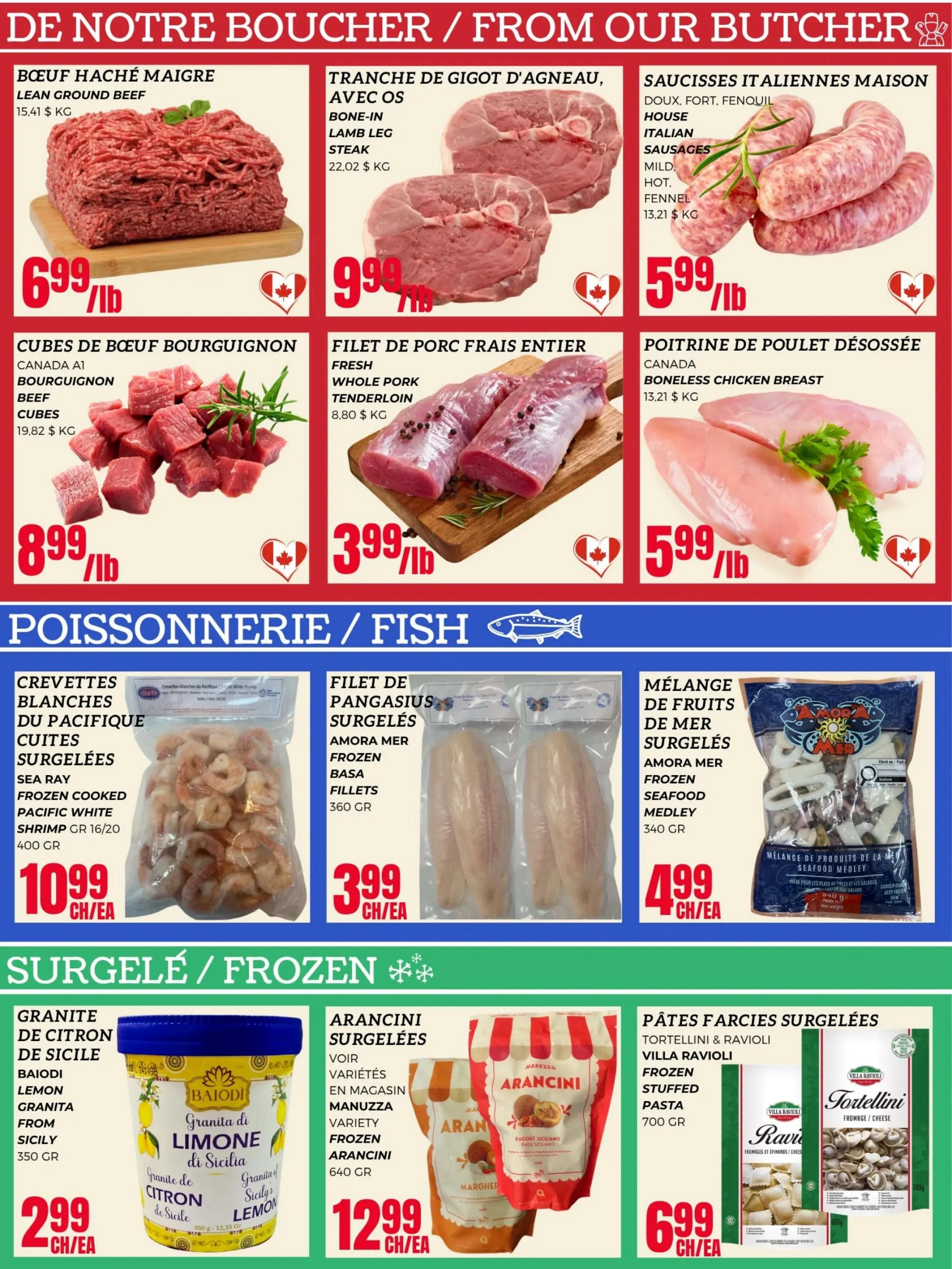 Euromarche Weekly Flyer Specials Page 2: From Our Butcher section features Lean Ground Beef for $6.99/lb, Bone-In Lamb Leg Steak for $9.99/lb, and House Italian Sausages (Mild, Hot, Fennel) for $5.99/lb. Also available are Beef Bourguignon Cubes for $8.99/lb, Fresh Whole Pork Tenderloin for $3.99/lb, and Boneless Chicken Breast for $5.99/lb. The Fish section offers Sea Ray Frozen Cooked Pacific White Shrimp for $10.99 each, Pangasius Fillets for $3.99 each, and Amora Mer Frozen Seafood Medley for $4.99 each. The Frozen section includes Baiodi Lemon Granita from Sicily for $2.99 each, Manuzza Variety Frozen Arancini for $12.99 each, and Villa Ravioli Frozen Stuffed Pasta for $6.99 each.
