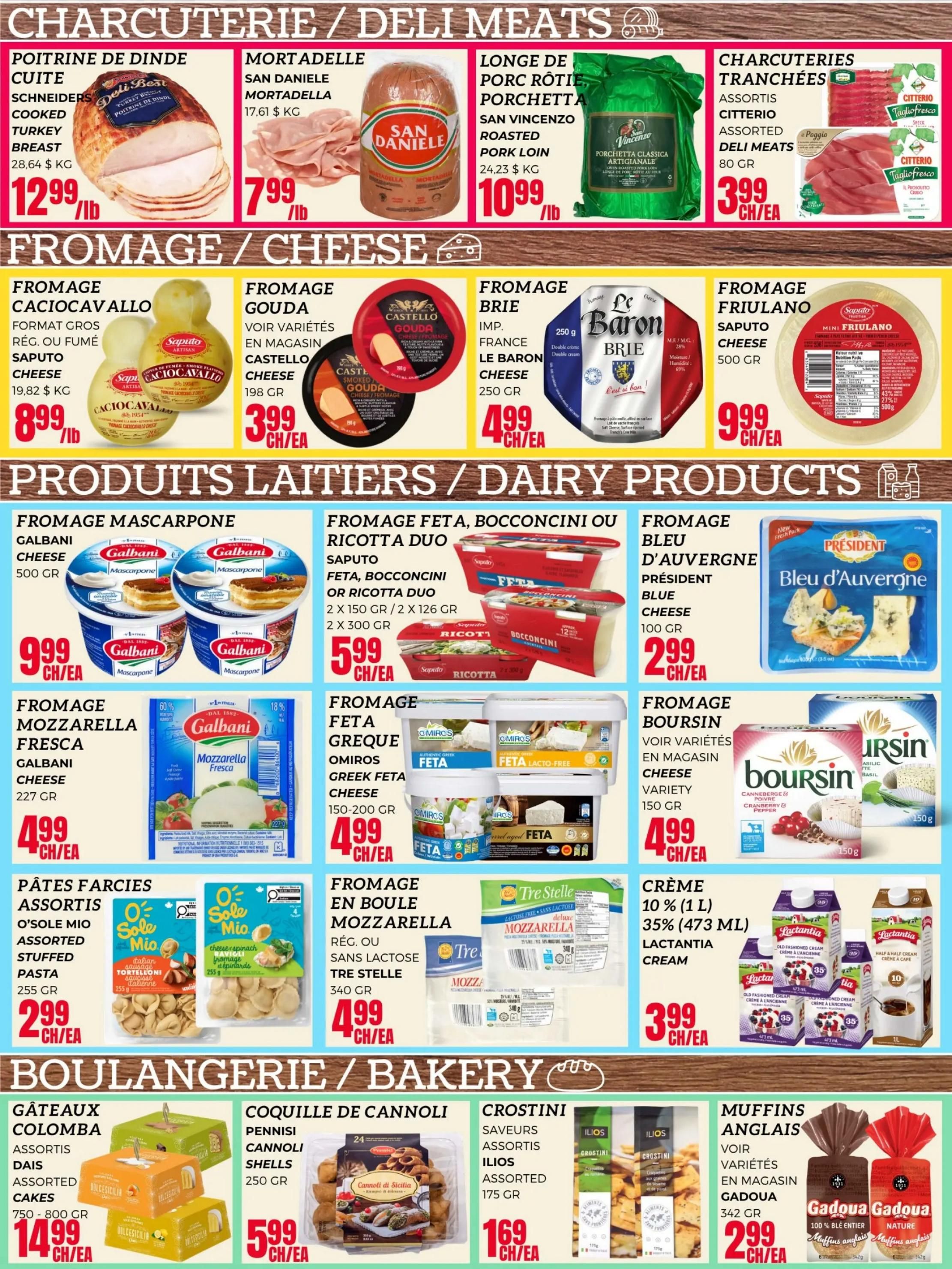 Euromarche weekly flyer specials page 3 features Charcuterie/Deli Meats including Cooked Turkey Breast at $12.99/lb, San Daniele Mortadella at $7.99/lb, and Assorted Deli Meats for $3.99 each. Cheese selection includes Saputo Caciocavallo Cheese for $8.99/lb, Castello Gouda Cheese for $3.99 each, Le Baron Brie Cheese for $4.99 each, and Saputo Friulano Cheese for $9.99 each. Dairy products include Galbani Mascarpone Cheese for $9.99 each, Saputo Feta, Bocconcini or Ricotta Duo for $5.99 each, Galbani Mozzarella Fresca Cheese for $4.99 each, Omiros Greek Feta Cheese for $4.99 each, President Blue Cheese for $2.99 each, Boursin Cheese for $4.99 each, Tre Stelle Mozzarella for $4.99 each, Lactantia Cream (1L or 35% 473ml) for $3.99 each. Bakery items include Assorted Colomba Cakes for $14.99 each, Pennisi Cannoli Shells for $5.99 each, Ilios Crostini for $1.69 each, and Gadoua English Muffins for $2.99 each.