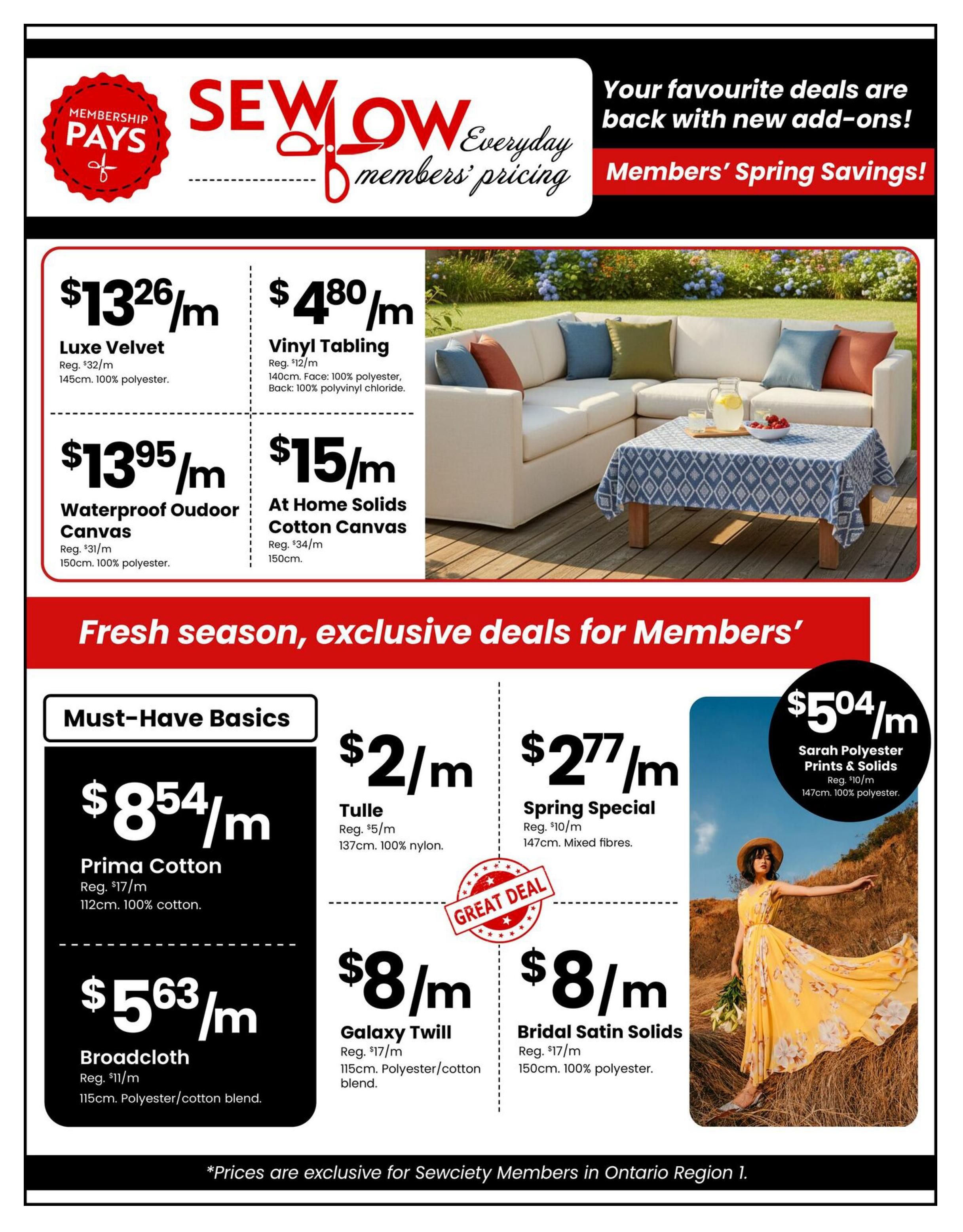 Fabricland flyer page 3 featuring 'Sew Low Everyday Members Pricing' with 'Members' Spring Savings'. Top section offers Luxe Velvet at $13.26/m (reg. $32/m) and Vinyl Tabling at $4.80/m (reg. $12/m), made of 100% polyester face and 100% polyvinyl chloride back. Also featured are Waterproof Outdoor Canvas at $13.95/m (reg. $31/m) and At Home Solids Cotton Canvas at $15/m (reg. $34/m). The 'Must-Have Basics' section includes Prima Cotton at $8.54/m (reg. $17/m) and Broadcloth at $5.63/m (reg. $11/m). Other deals include Tulle at $2/m (reg. $5/m), Spring Special fabrics at $2.77/m (reg. $10/m), Galaxy Twill at $8/m (reg. $17/m), and Bridal Satin Solids at $8/m (reg. $17/m). A 'Great Deal' graphic highlights some offers. The bottom section shows Sarah Polyester Prints & Solids at $5.04/m (reg. $10/m). Prices are exclusive for Sewciety Members in Ontario Region 1.