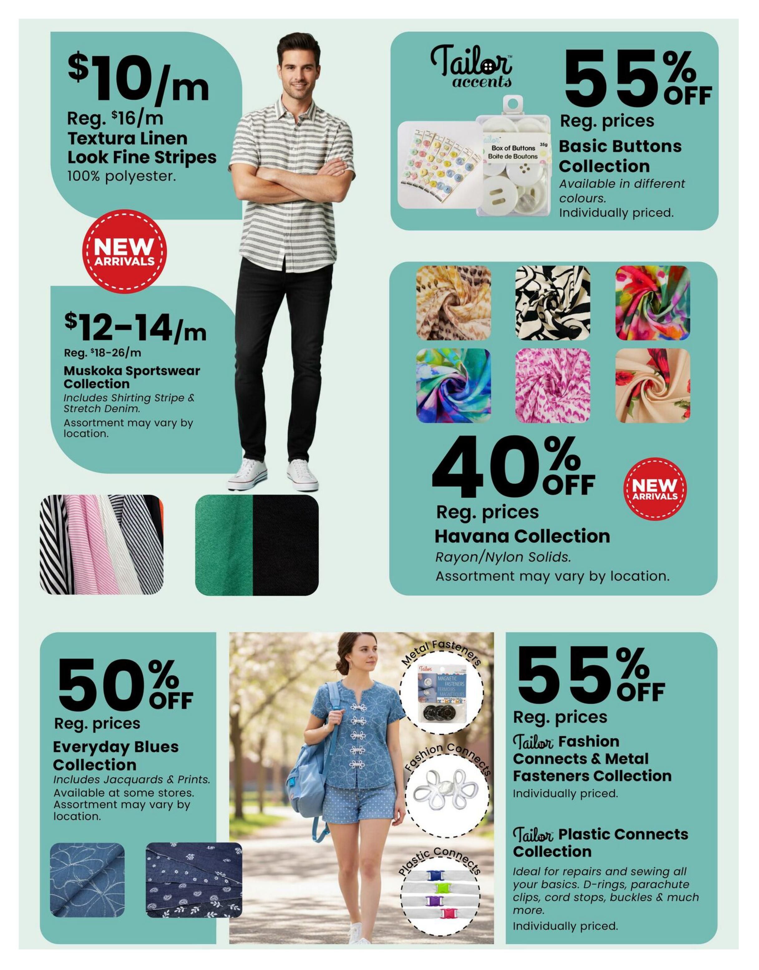 Fabricland flyer specials page 13 featuring new arrivals and discounts. Get Textura Linen Look Fine Stripes fabric for $10/m, regularly $16/m, made of 100% polyester. Also available is the Muskoka Sportswear Collection, including Shirting Stripe & Stretch Denim, priced from $12-$14/m, regularly $18-$26/m. Assortment may vary by location. Save 50% on the Everyday Blues Collection, featuring Jacquards & Prints, available at some stores. Save 40% on the Havana Collection of Rayon/Nylon Solids, with assortment varying by location. Tailor Accents offers 55% off the Basic Buttons Collection, available in different colours and individually priced. Additionally, save 55% on the Tailor Fashion Connects & Metal Fasteners Collection, individually priced. The Tailor Plastic Connects Collection, ideal for repairs and sewing basics like D-rings, parachute clips, and buckles, is also individually priced.