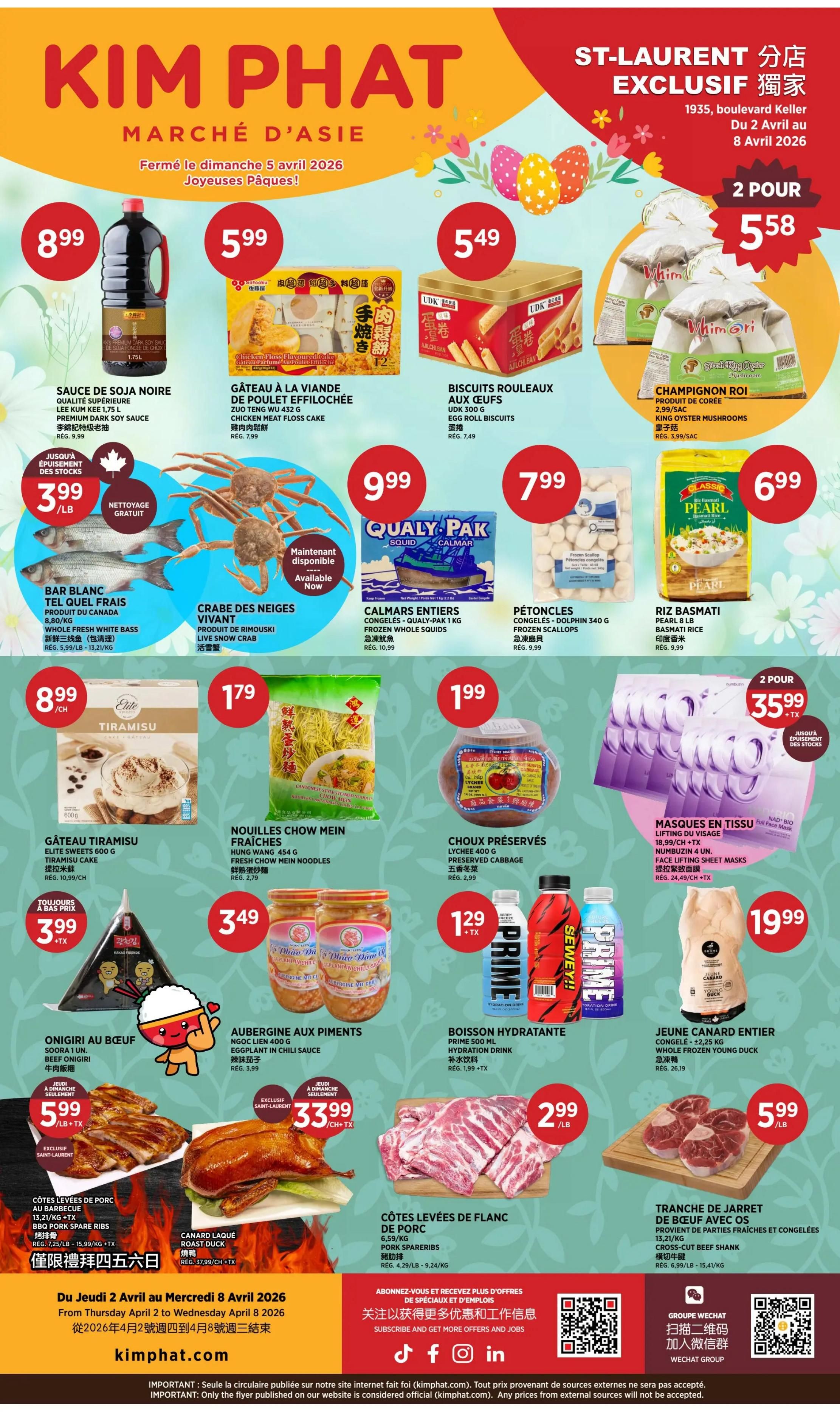 Kim Phat weekly flyer specials page 7 features a variety of food items. Top row includes: Sauce de Soja Noire (Premium Dark Soy Sauce) for $8.99, Gateau a la Viande (Chicken Meat Floss Cake) for $5.99, Biscuits Rouleaux aux Oeufs (Egg Roll Biscuits) for $5.49, and Champignon Roi (King Oyster Mushrooms) 2 for $5.58. Middle row showcases: Bar Blanc Tel Quel Frais (Whole Fresh White Bass) for $3.99/lb, Crabe des Neiges Vivant (Live Snow Crab) available now, Calmars Entiers (Frozen Whole Squids) for $9.99, Petoncles (Frozen Scallops) for $7.99, and Riz Basmati (Basmati Rice) for $6.99. Bottom row highlights: Gateau Tiramisu (Elite Sheets Tiramisu Cake) for $8.99/each, Nouilles Chow Mein Fraiches (Fresh Chow Mein Noodles) for $1.79, Chou Preserves (Preserved Cabbage) for $1.99, Masques en Tissu (Face Lifting Sheet Masks) 2 for $35.99+TX, Onigiri au Boeuf (Beef Onigiri) for $3.99/LB+TX, Aubergine aux Piments (Eggplant in Chili Sauce) for $3.49, Boisson Hydratante (Hydration Drink) for $1.29+TX, and Jeune Canard Entier (Whole Frozen Young Duck) for $19.99. The bottom section features: Côtes Levees de Porc a Barbecue (Pork Spare Ribs BBQ) for $5.99/LB+TX, Canard Laqué Roast Duck for $33.99/CH+TX, Côtes Levees de Flanc de Porc (Pork Spareribs) for $2.99/LB, and Tranche de Jarret de Boeuf avec Os (Cross-Cut Beef Shank) for $5.99/LB. The flyer is valid from Thursday April 2 to Wednesday April 8, 2026.