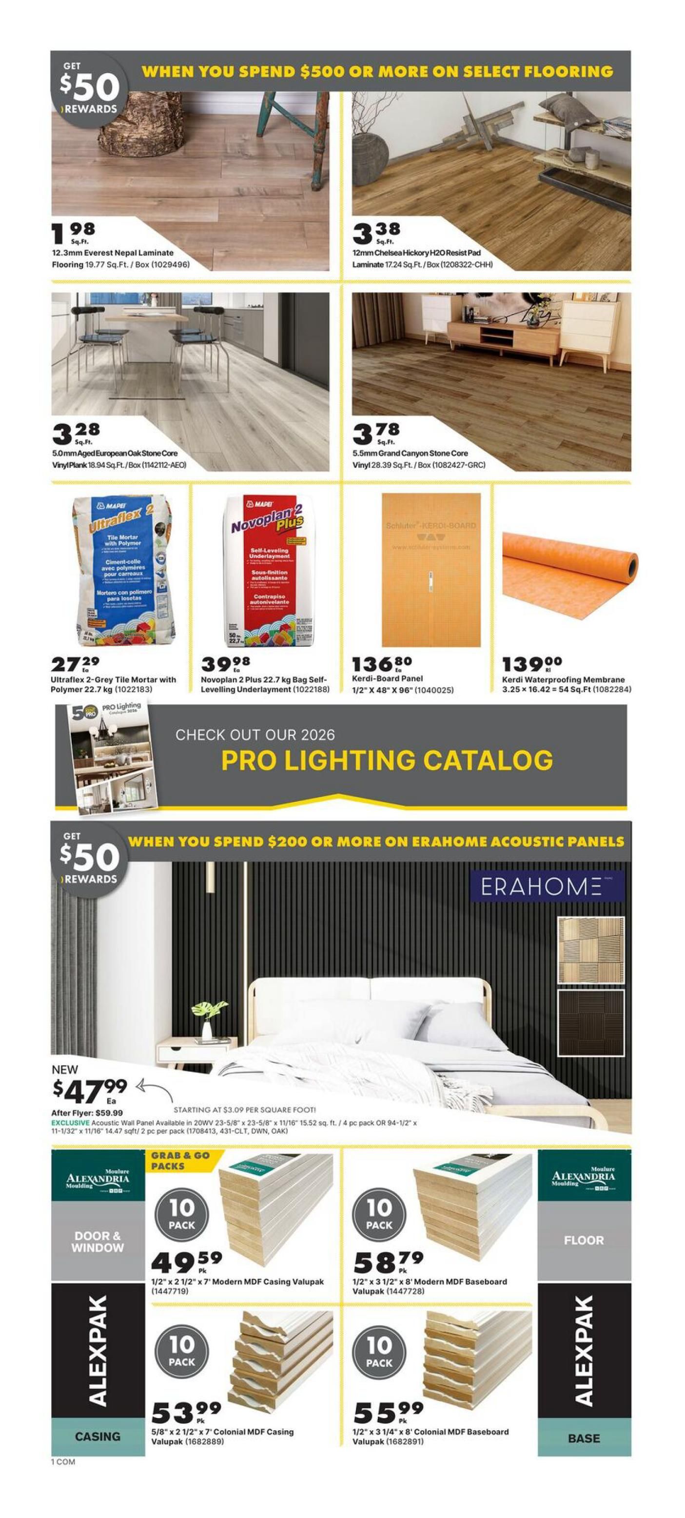 Kent flyer specials page 2 features a 'Get $50 Rewards when you spend $500 or more on select flooring' offer. Products include 12.3mm Everest Nepal Laminate Flooring at $1.98 sq.ft., 12mm Chelsea Hickory H2O Resist Pad Laminate at $3.38 sq.ft., 5.0mm Aged European Oak Stone Core Vinyl Plank at $3.28 sq.ft., and 5.5mm Grand Canyon Stone Core Vinyl at $3.78 sq.ft. Also available are Ultraflex 2-Grey Tile Mortar with Polymer for $27.29, Novoplan 2 Plus 22.7 kg Bag Self-Levelling Underlayment for $39.98, Kerdi-Board Panel 1/2' x 48' x 96' for $136.80, and Kerdi Waterproofing Membrane 3.25 x 16.42 = 54 Sq.Ft for $139.00. The page also highlights a 'Pro Lighting Catalog' and an 'Erahomes Acoustic Panels' offer: NEW Acoustic Wall Panel at $47.99 each (after flyer $59.99), starting at $3.09 per square foot. Additionally, Alexandria Moulding 'Grab & Go Packs' are featured: 10 Pack 1/2' x 2 1/2' x 7' Modern MDF Casing Valupak for $49.59, 10 Pack 1/2' x 3 1/2' x 8' Modern MDF Baseboard Valupak for $58.79, 10 Pack 5/8' x 2 1/2' x 7' Colonial MDF Casing Valupak for $53.99, and 10 Pack 1/2' x 3 1/4' x 8' Colonial MDF Baseboard Valupak for $55.99.