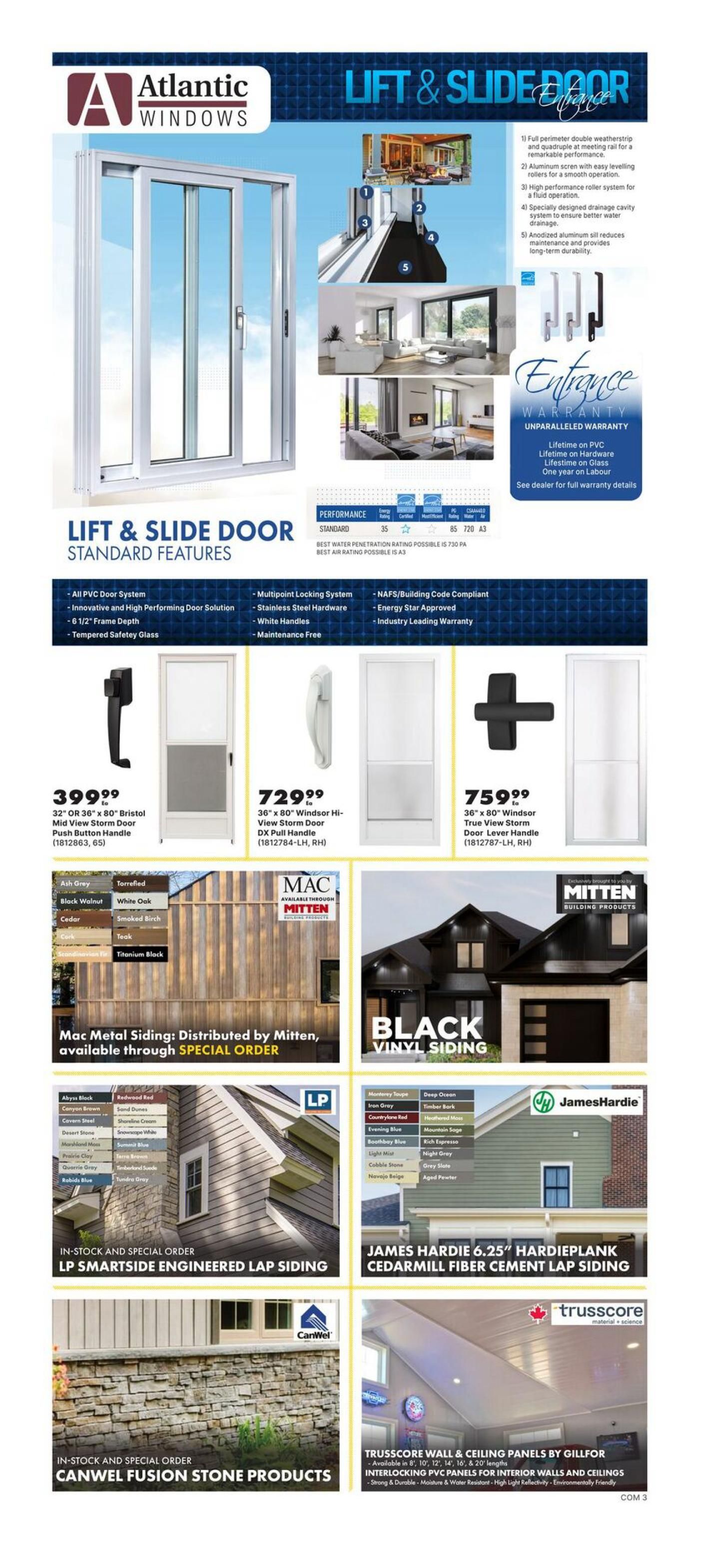 Page 3 of the kent flyer, featuring Atlantic Windows Lift & Slide Doors with standard features like all PVC door system, multipoint locking system, and tempered safety glass. Available door options include the 32' or 36' Bristol Mid View Storm Door for $399.99, the 36' x 80' Windsor Hi-View Storm Door with DX Pull Handle for $729.99, and the 36' x 80' Windsor True View Storm Door with Lever Handle for $759.99. The page also showcases Mac Metal Siding distributed by Mitten, available through special order, with colour options like Ash Grey, Torrefied, Black Walnut, White Oak, Cedar, Smoked Birch, Cork, Teak, and Scandinavian Fir. Additionally, it features LP SmartSide Engineered Lap Siding in various colours including Abyss Black, Canyon Brown, Cavern Steel, Desert Stone, Marshland Mist, Prairie Clay, Quartzie Grey, and Robida Blue. James Hardie 6.25' HardiePlank Cedarmill Fiber Cement Lap Siding is also displayed in colours like Monterey Taupe, Iron Gray, Countrylane Red, Evening Blue, Boothbay Blue, Light Mist, Cobble Stone, and Navajo Beige. Finally, Canwel Fusion Stone Products and Trusscore Wall & Ceiling Panels by Gillfor are presented, with Trusscore panels available in 8', 10', 12', 14', 16', & 20' lengths, described as interlocking PVC panels for interior walls and ceilings that are strong, durable, moisture & water resistant, and environmentally friendly.