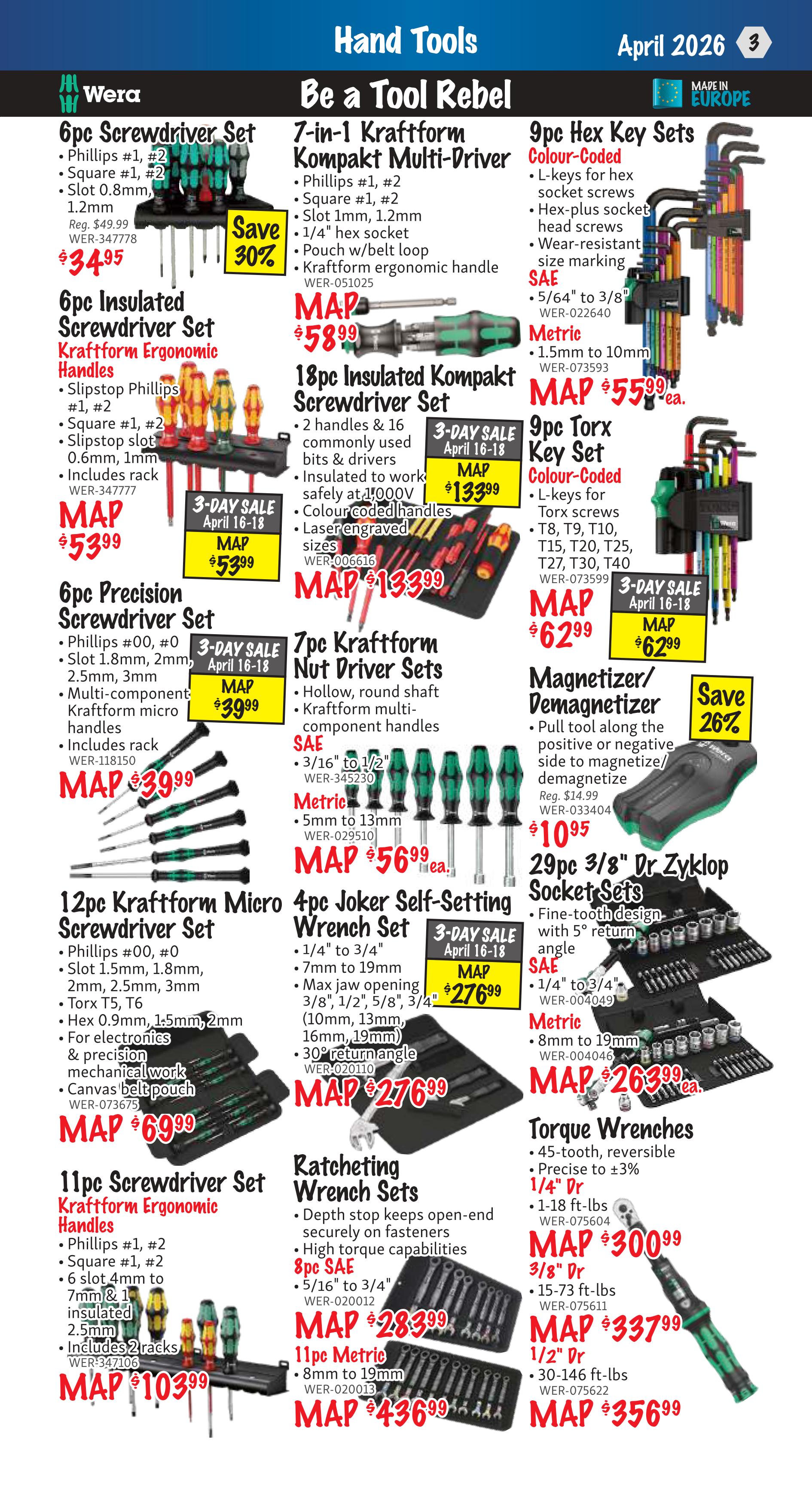 KMS Tools flyer page 3 features a wide selection of hand tools. Featured Wera products include a 6pc Screwdriver Set for $34.95 (save 30%), a 6pc Insulated Screwdriver Set for $53.99, and a 6pc Precision Screwdriver Set for $39.99. Also available are a 12pc Kraftform Micro Screwdriver Set for $69.99, an 11pc Screwdriver Set for $103.99, a 7-in-1 Kraftform Kompakt Multi-Driver for $58.99, an 18pc Insulated Kompakt Screwdriver Set for $133.99, a 7pc Kraftform Nut Driver Set for $56.99, and a 4pc Joker Self-Setting Wrench Set for $276.99. Other deals include a 9pc Hex Key Set for $55.99, a 9pc Torx Key Set for $62.99, a Magnetizer/Demagnetizer for $10.95 (save 26%), a 29pc 3/8' Dr Zyklop Socket Set for $263.99, Ratcheting Wrench Sets starting at $283.99, an 11pc Metric Ratcheting Wrench Set for $436.99, and Torque Wrenches starting at $300.99.