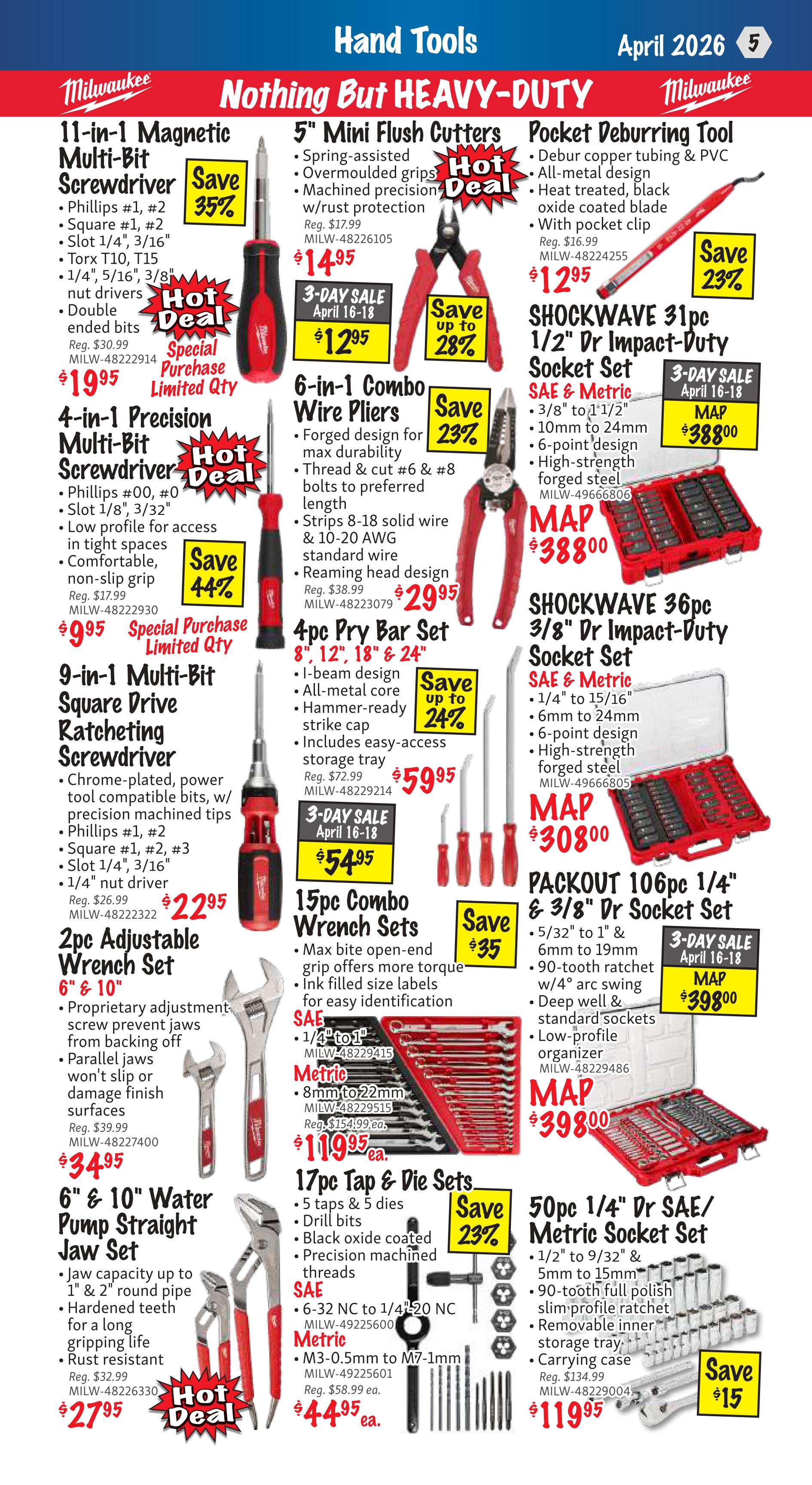 KMS Tools Hand Tools flyer, page 5. Featured items include the 11-in Magnetic Multi-Bit Screwdriver for $19.95 (save 35%), 4-in-1 Precision Multi-Bit Screwdriver for $9.95, 9-in Multi-Bit Square Drive Ratcheting Screwdriver for $22.95, and 2pc Adjustable Wrench Set (6' & 10') for $34.95. Also available are the 6' & 10' Water Pump Straight Jaw Set for $27.95, 5' Mini Flush Cutters for $14.95 (save up to 28%), 6-in-1 Combo Wire Pliers for $29.95 (save 23%), and 4pc Pry Bar Set for $59.95 (save up to 24%). Special 3-Day Sale items include the 5' Mini Flush Cutters for $12.95, 15pc Combo Wrench Sets for $54.95, and the SHOCKWAVE 31pc 1/2' Dr Impact-Duty Socket Set for $388.00. Other deals are the SHOCKWAVE 36pc 3/8' Dr Impact-Duty Socket Set for $308.00, PACKOUT 106pc 1/4' & 3/8' Dr Socket Set for $398.00, and 17pc Tap & Die Sets for $44.95 (save 23%).