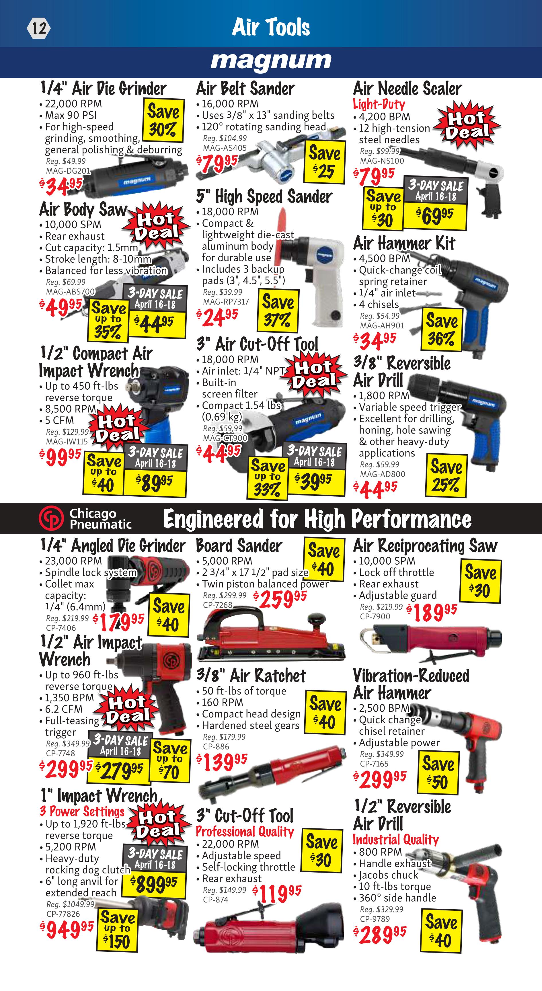 KMS Tools flyer page 12 features a variety of air tools. Top row includes a 1/4' Air Die Grinder for $34.95 (save $15), Air Belt Sander for $79.95 (save $25), Air Needle Scaler for $69.95 (save $30), and an Air Hammer Kit for $34.95 (save $20). Middle row showcases a 5' High Speed Sander for $24.95 (save $15), 1/2' Compact Air Impact Wrench for $89.95 (save $40), 3' Air Cut-Off Tool for $39.95 (save $10), and a 3/8' Reversible Air Drill for $44.95 (save $15). The bottom section, under 'Engineered for High Performance', features a Chicago Pneumatic 1/4' Angled Die Grinder for $179.95 (save $40), Board Sander for $259.95 (save $40), Air Reciprocating Saw for $189.95 (save $30), 1/2' Air Impact Wrench for $279.95 (save $70), 3/8' Air Ratchet for $139.95 (save $40), Vibration-Reduced Air Hammer for $299.95 (save $50), 1' Impact Wrench for $949.95 (save $150), 3' Cut-Off Tool for $119.95 (save $30), and a 1/2' Reversible Air Drill for $289.95 (save $40).