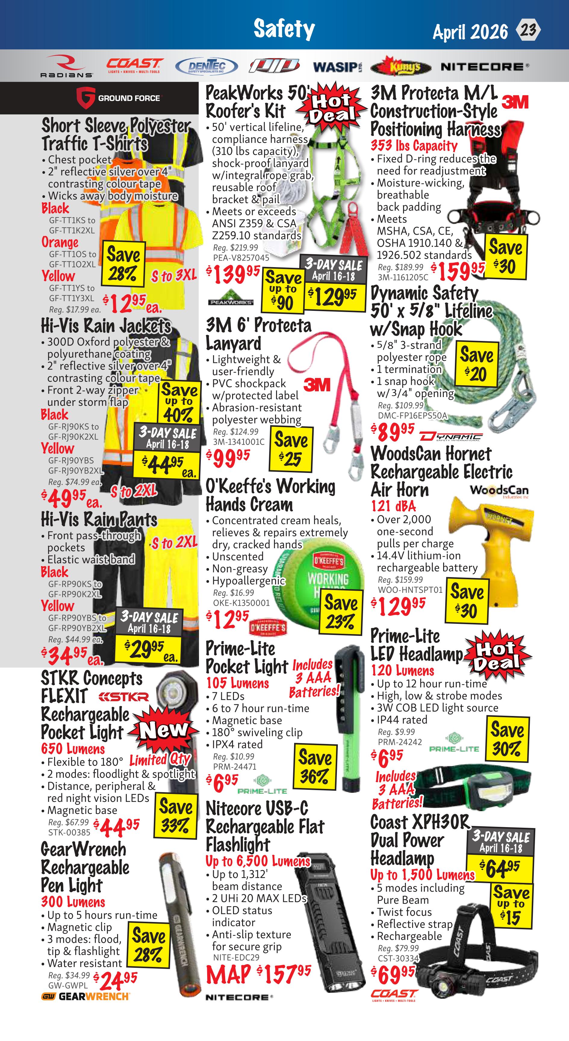 KMS Tools Safety flyer, page 23. Featured items include Ground Force Short Sleeve Polyester Traffic T-Shirts in Black, Orange, and Yellow, starting at $12.95. Hi-Vis Rain Jackets are on sale for $44.95, and Hi-Vis Rain Pants are $34.95. PeakWorks 50' Roofer's Kit is $139.95. 3M 6' Protecta Lanyard is $99.95. 3M Protecta M/L Construction-Style Positioning Harness is $159.95. Dynamic Safety 50' x 5/8' Lifeline w/Snap Hook is $89.95. WoodsCan Hornet Rechargeable Electric Air Horn is $129.95. O'Keeffe's Working Hands Cream is $12.95. Prime-Lite Pocket Light is $6.95. Nitecore USB-C Rechargeable Flat Flashlight is MAP $157.95. Prime-Lite LED Headlamp is $6.95. Coast XPH30R Dual Power Headlamp is $69.95. STKR Concepts FLEXIT Rechargeable Pocket Light is $44.95. GearWrench Rechargeable Pen Light is $24.95.