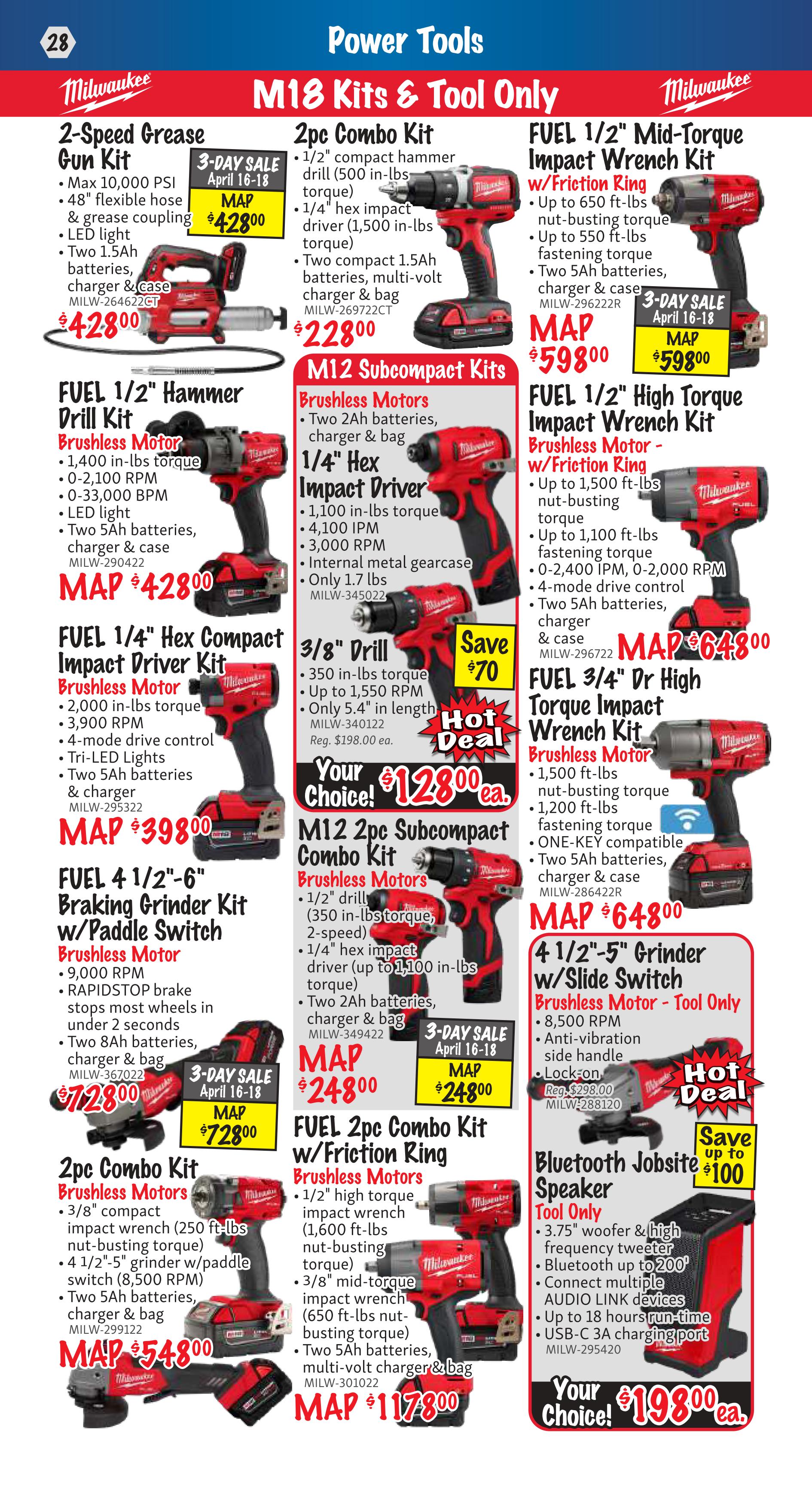 KMS Tools Power Tools flyer page 28 featuring Milwaukee M18 Kits & Tool Only. Deals include a 2-Speed Grease Gun Kit for $428.00, a 2pc Combo Kit for $228.00, and a FUEL 1/2' Mid-Torque Impact Wrench Kit for $598.00, on 3-Day Sale April 16-18. Other featured items are FUEL 1/2' Hammer Drill Kit for $428.00, FUEL 1/4' Hex Compact Impact Driver Kit for $398.00, FUEL 4 1/2'-6' Braking Grinder Kit w/Paddle Switch for $728.00, and a 2pc Combo Kit for $548.00. M12 Subcompact Kits include a 1/4' Hex Impact Driver for $248.00 and a 2pc Subcompact Combo Kit for $248.00, both on 3-Day Sale April 16-18. Also available are a 3/8' Drill for $128.00 (Save $70), a FUEL 1/2' High Torque Impact Wrench Kit for $648.00, a FUEL 3/4' Dr High Torque Impact Wrench Kit for $648.00, a 4 1/2'-5' Grinder w/Slide Switch (Tool Only) for $198.00 (Hot Deal, Save up to $100), and a Bluetooth Jobsite Speaker (Tool Only) for $198.00.
