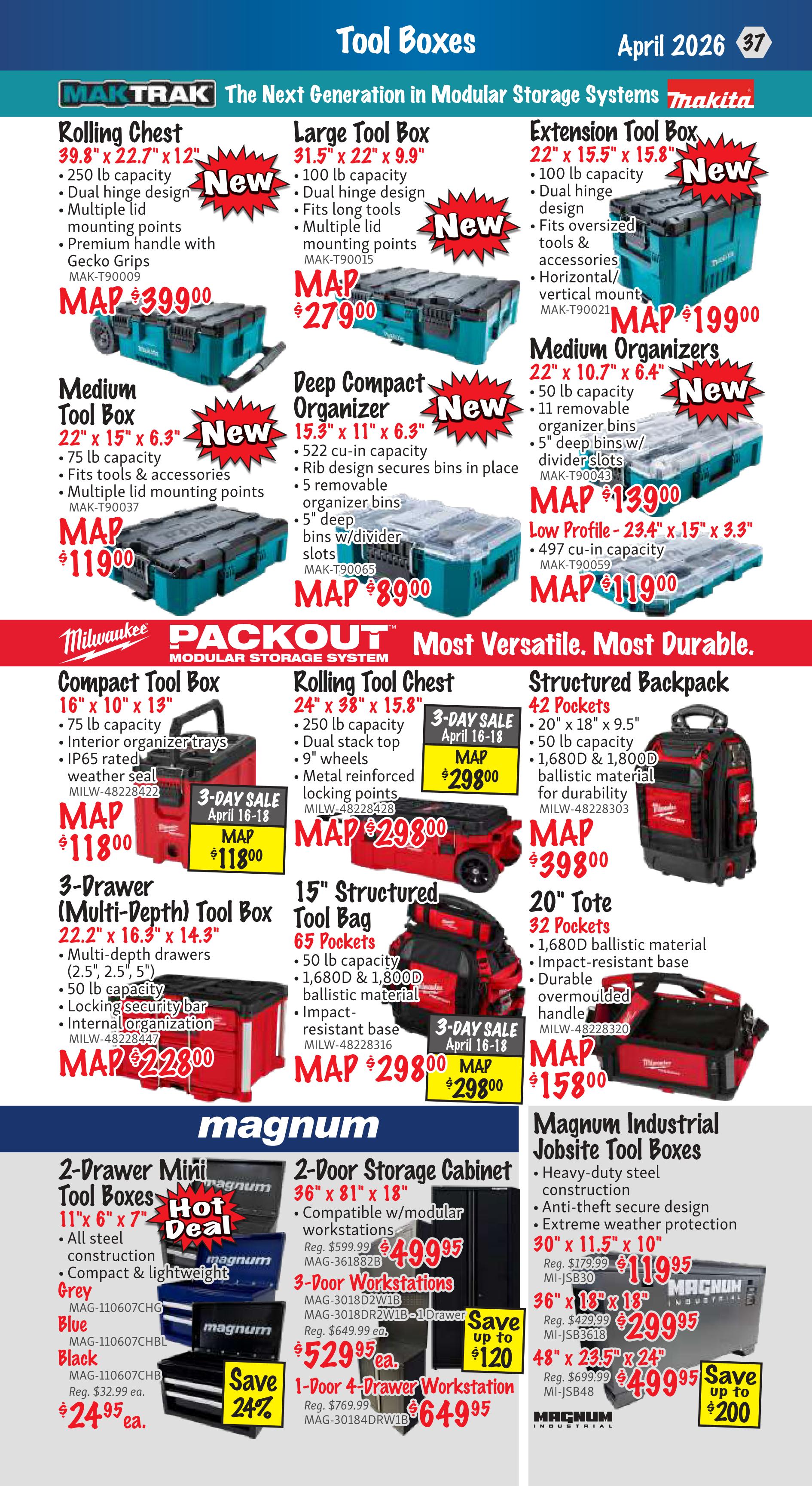 KMS Tools flyer page 37 features a wide selection of tool boxes and storage solutions. Top section showcases Makita Mak-Trak modular storage systems including a Rolling Chest for $399.00, a Large Tool Box for $279.00, an Extension Tool Box for $199.00, a Medium Tool Box for $119.00, a Deep Compact Organizer for $89.00, and Medium Organizers for $139.00. The middle section highlights Milwaukee PACKOUT modular storage with a Compact Tool Box for $118.00, a Rolling Chest on sale for $298.00 (April 16-18), a 3-Drawer (Multi-Depth) Tool Box for $228.00, a 15' Structured Tool Bag for $298.00 (April 16-18), a Structured Backpack for $398.00, and a 20' Tote for $158.00. The bottom section features Magnum tool storage including 2-Drawer Mini Tool Boxes in Grey, Blue, and Black for $24.95 each (Reg. $32.99), a 2-Door Storage Cabinet for $499.95 (Reg. $599.99), 3-Door Workstations for $529.95 ea. (Reg. $649.99), a 1-Door 4-Drawer Workstation for $649.95 (Reg. $769.99), and Magnum Industrial Jobsite Tool Boxes with a 30' x 11.5' x 10' model for $119.95 (Reg. $179.99), a 36' x 18' x 18' model for $299.95 (Reg. $429.99) with savings up to $200, and a 48' x 23.5' x 24' model for $499.95 with savings up to $200.