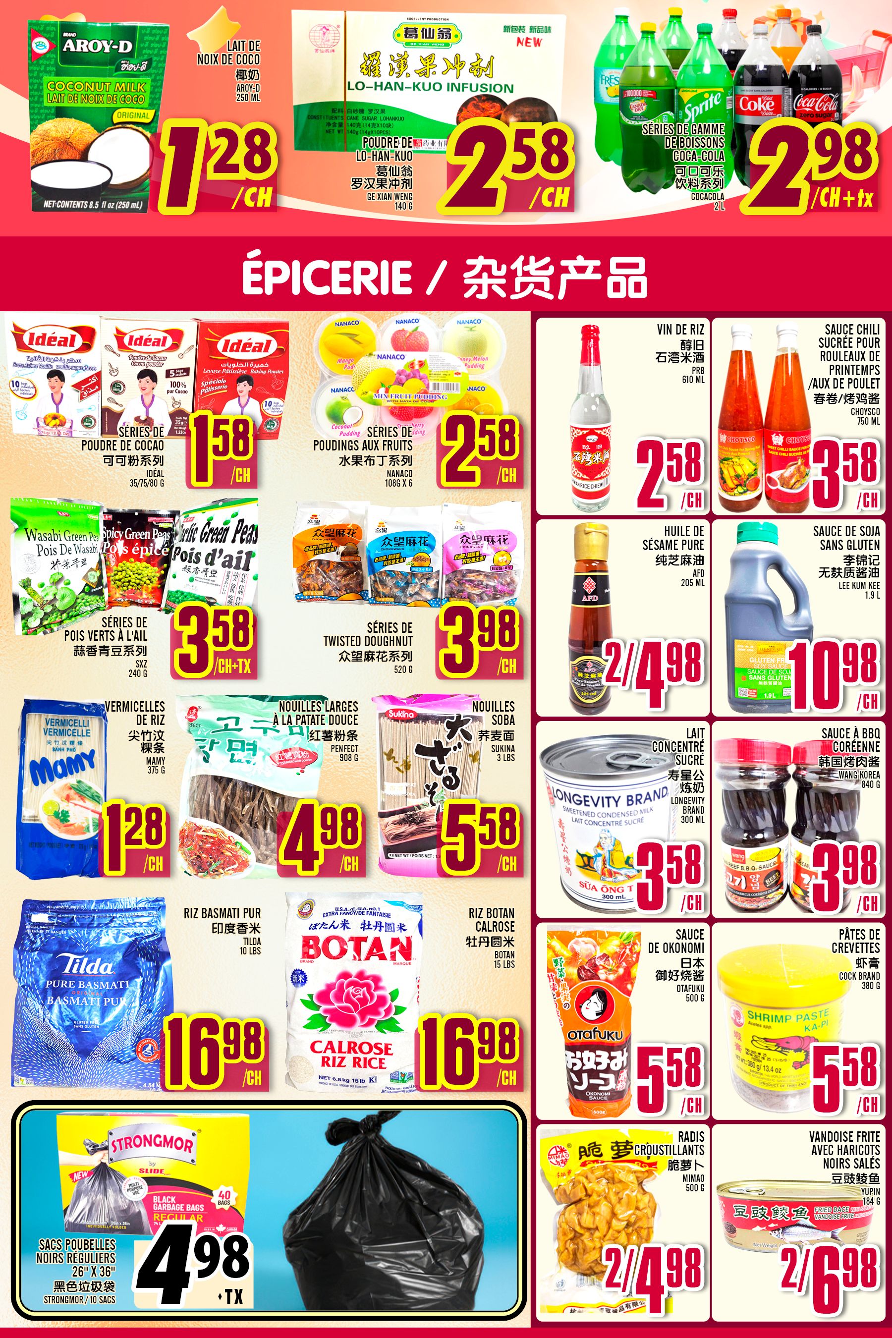 Marche Lian Tai weekly flyer specials page 4 features a variety of grocery items. Highlights include Aroy-D Coconut Milk for $1.28/each, Lo-Han-Kuo Infusion for $2.58/each, and Coca-Cola and Sprite beverages for $2.98/each plus tax. Ideal Baking Powder is on sale for $1.58/each. Nanaco Fruit Pudding is $2.58/each. Vin de Riz rice wine is $2.58/each. Sauce Chili for spring chickens is $3.58/each. Wasabi Green Peas, Spicy Green Peas, and Green Peas with Garlic are $3.58/each. Twisted Doughnut snacks are $3.98/each. Mamy Vermicelli Rice Noodles are $1.28/each. Penfect Wide Sweet Potato Noodles are $4.98/each. Sukina Soba Noodles are $5.58/each. Tilda Pure Basmati Rice is $16.98/each. Botan Calrose Rice is $16.98/each. Otafuku Okonomi Sauce is $5.58/each. Ka-Pi Shrimp Paste is $5.58/each. Longevity Brand Sweetened Condensed Milk is $3.58/each. Wang Korea Korean BBQ Sauce is $3.98/each. Strongmor Regular Black Garbage Bags (40 bags) are $4.98/TX. Minhao Fried Dace with Haricots Noirs Sales are $2.98/each.