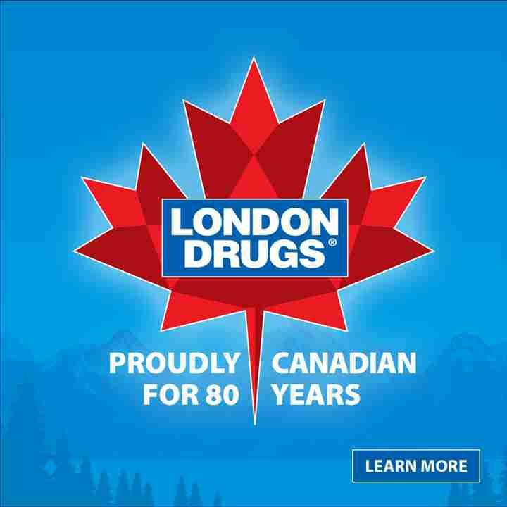 London Drugs logo featuring a red maple leaf with the words 'LONDON DRUGS' in a blue rectangle. Below the logo, text reads 'PROUDLY CANADIAN FOR 80 YEARS'. A 'LEARN MORE' button is visible in the bottom right corner. This is page 6 of the London Drugs weekly flyer.