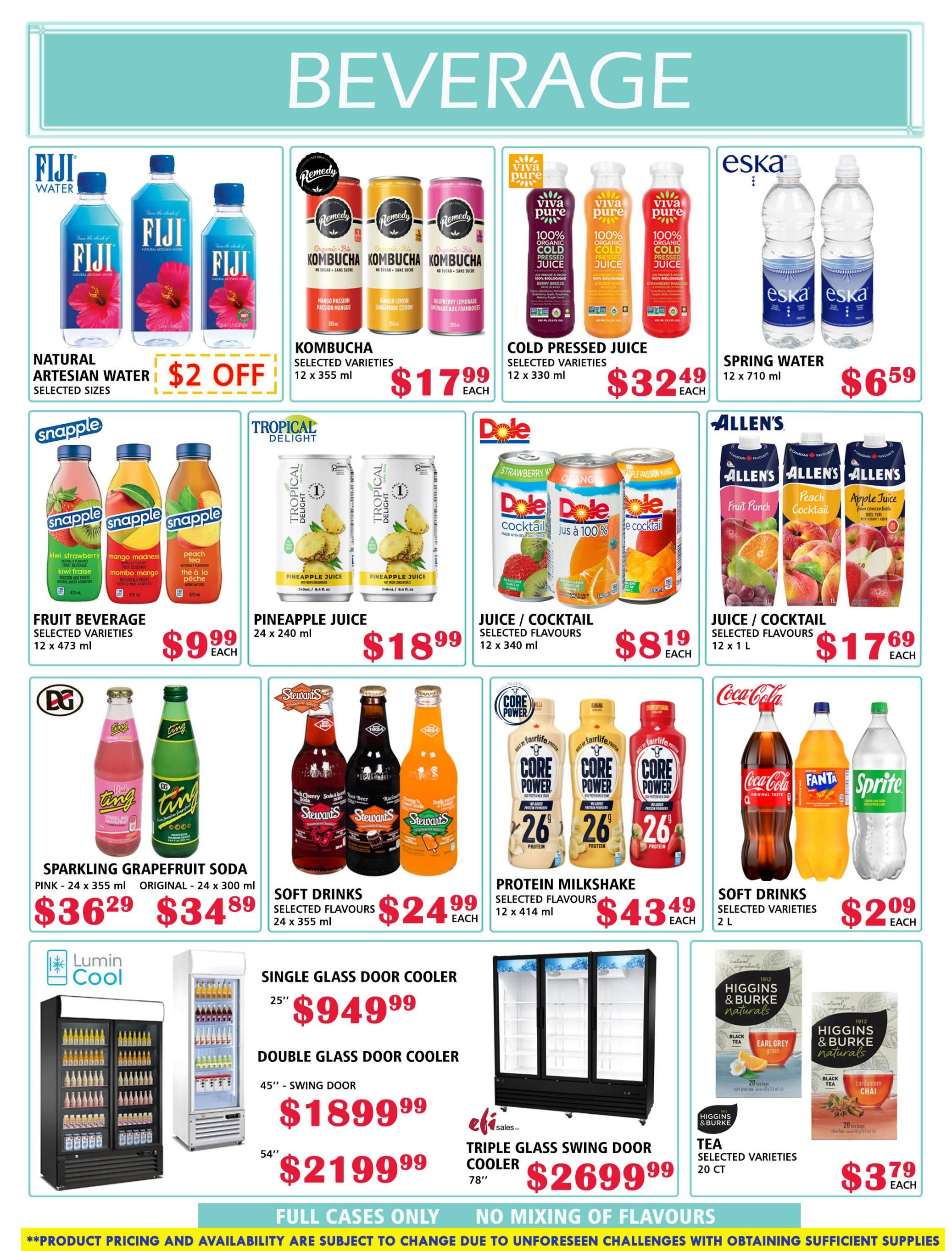 MVR Cash and Carry flyer specials page 2 features a variety of beverages and coolers. Deals include Fiji Natural Artesian Water with $2 off, Remedy Kombucha selected varieties 12 x 355 ml for $17.99 each, and Viva Pure Cold Pressed Juice selected varieties 12 x 330 ml for $32.49 each. Also featured is Eska Spring Water 12 x 710 ml for $6.59. Snapple Fruit Beverage selected varieties 12 x 473 ml is $9.99 each. Tropical Delight Pineapple Juice 24 x 240 ml is $18.99. Dole Juice/Cocktail selected flavours 12 x 340 ml is $8.19 each, and Allen's Juice/Cocktail selected flavours 12 x 1 L is $17.69 each. Stewart's Soft Drinks selected flavours 24 x 355 ml are $24.99 each, and Coca-Cola, Fanta, and Sprite soft drinks 2 L are $2.09 each. Core Power Protein Milkshake selected flavours 12 x 414 ml is $43.49 each. Lumin Cool Glass Door Coolers are available in a 25' single door for $949.99, a 45' double door swing door for $1899.99, and a 54' double door swing door for $2199.99. A 78' Triple Glass Swing Door Cooler by Eli Sales is $2699.99. Higgins & Burke Naturals Tea selected varieties 20 ct is $3.79 each. All items are for full cases only, and product pricing and availability are subject to change.