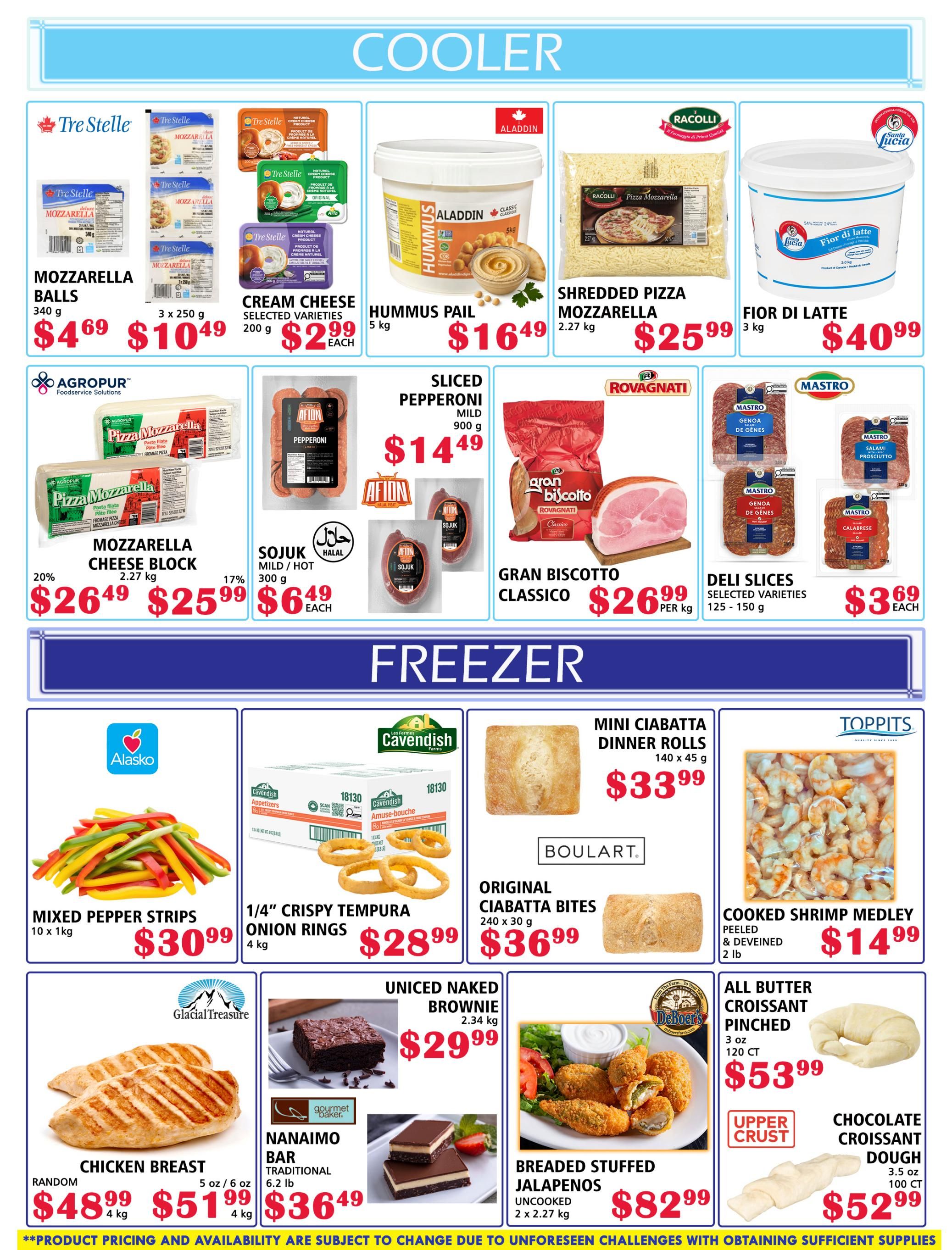 MVR Cash and Carry flyer specials page 3 features cooler and freezer items. Cooler section includes Tre Stelle Mozzarella Balls for $4.69, Tre Stelle Cream Cheese Selected Varieties for $2.99 each, Aladdin Hummus Pail 5 kg for $16.49, Racolli Shredded Pizza Mozzarella 2.27 kg for $25.99, and Santa Lucia Fior di Latte 3 kg for $40.99. Also featured are Agropur Mozzarella Cheese Block 2.27 kg at $26.49 with a 20% discount, Afion Sliced Pepperoni Mild 900 g for $14.49, Halal Sojuk Mild/Hot 300 g for $6.49 each, Rovagnati Gran Bisciotto Classico per kg for $26.99, and Mastro Deli Slices Selected Varieties 125-150 g for $3.69 each. The freezer section showcases Alasko Mixed Pepper Strips 10 x 1kg for $30.99, Cavendish 1/4' Crispy Tempura Onion Rings 4 kg for $28.99, Boulart Original Ciabatta Bites 240 g x 30 g for $36.99, Toppits Cooked Shrimp Medley Peeled & Deveined 2 lb for $14.99. Additionally, Glacial Treasure Chicken Breast Random 4 kg for $48.99 and 5 oz/6 oz 4 kg for $51.99. Gourmet Baker Uniced Naked Brownie 2.34 kg for $29.99, Nanaimo Bar Traditional 6.2 lb for $36.49, DeBoer's Breaded Stuffed Jalapenos Uncooked 2 x 2.27 kg for $82.99, Upper Crust All Butter Croissant Pinched 3 oz 120 ct for $53.99, and Chocolate Croissant Dough 3.5 oz 100 ct for $52.99.