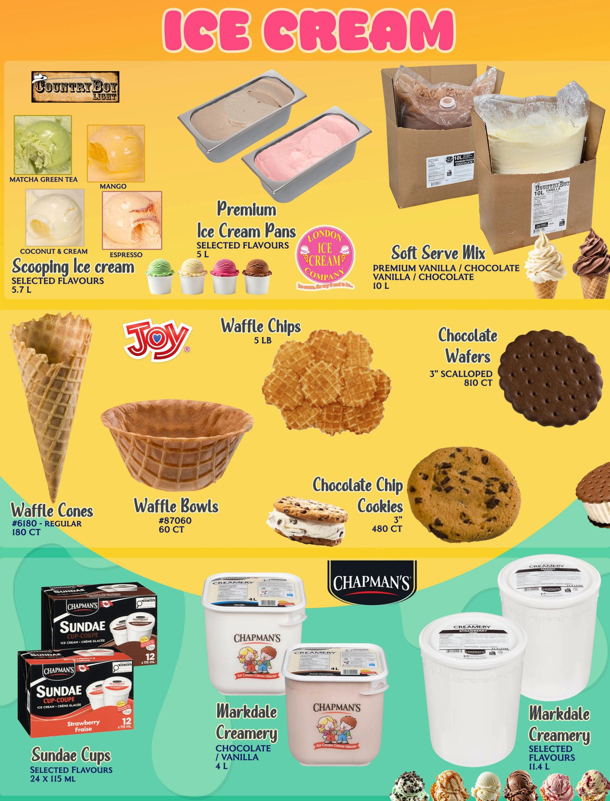 MVR Cash and Carry flyer specials page 7 features a variety of ice cream products. Country Boy Light offers scooping ice cream in selected flavours like Matcha Green Tea, Mango, Coconut & Cream, and Espresso, available in 5.7 L tubs. Premium Ice Cream Pans from London Ice Cream Company come in selected flavours in 5 L tubs. Soft Serve Mix is available in Premium Vanilla/Chocolate flavours in 10 L containers. Also featured are Joy Waffle Cones (Regular, 180 ct), Joy Waffle Bowls (60 ct), Waffle Chips (5 lb), Chocolate Chip Cookies (3', 480 ct), and Chocolate Wafers (3' Scalloped, 810 ct). Chapman's Sundae Cups are available in selected flavours (Strawberry) in a 24 x 115 mL pack. Markdale Creamery offers Chocolate/Vanilla ice cream in 4 L tubs, and selected flavours in 11.4 L tubs.