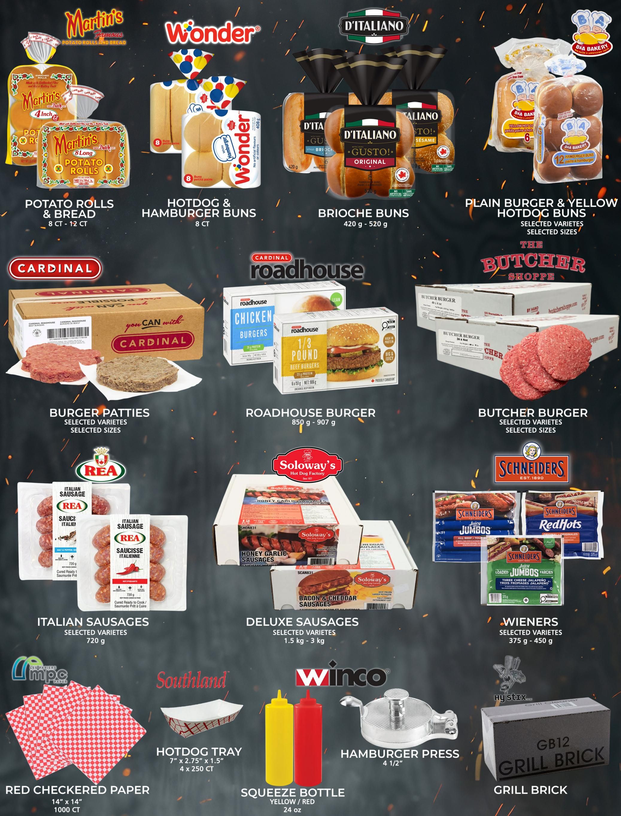 MVR Cash and Carry flyer specials page 8 features a variety of bakery and meat products. Martin's Potato Rolls & Bread are available in 8 CT and 12 CT packs. Wonder offers Hotdog & Hamburger Buns in 8 CT packs. D'Italiano presents Brioche Buns in 420g - 520g sizes. B&A Bakery provides Plain Burger & Yellow Hotdog Buns. Cardinal Roadhouse offers Burger Patties in selected varieties and sizes, as well as Chicken Burgers and 1/3 Pound Beef Burgers (6 x 151g). The Butcher Shoppe has Butcher Burger patties in selected varieties and sizes. REA Italian Sausages are available in 720g packages. Soloway's Hot Dog Factory offers Honey Garlic Sausages and Bacon & Cheddar Sausages. Schneiders features Juicy Jumbos, RedHots, and Loaded Jumbos sausages, along with Wieners in selected varieties (375g - 450g). Also available are MPC Paper Red Checkered Paper (1000 CT), Southland Hotdog Trays (7' x 2.75' x 1.5', 4 x 250 CT), Winco Squeeze Bottles in yellow and red (24 oz), a 4 1/2' Hamburger Press, and a Grill Brick.